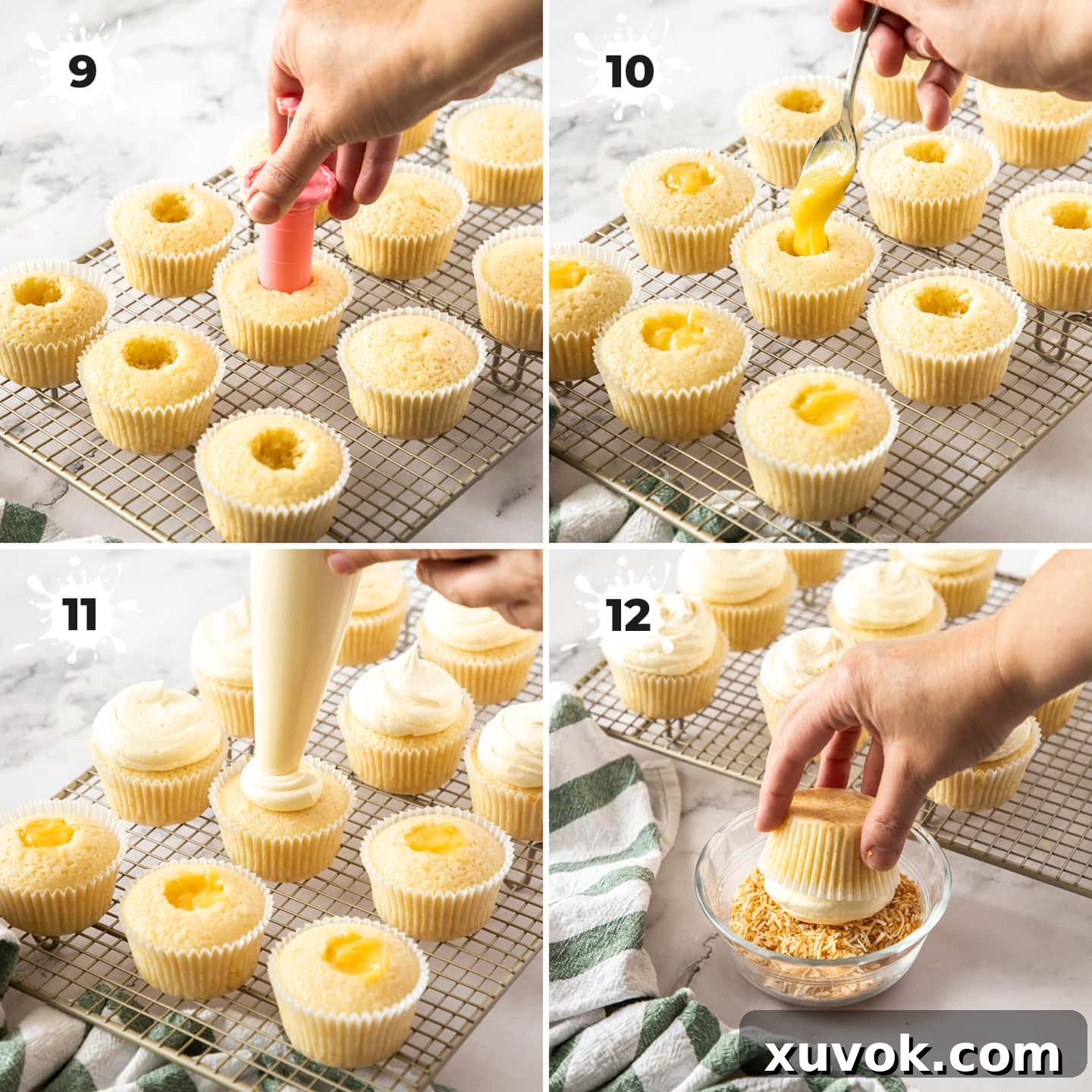 A visual sequence of four images showing how to fill cupcakes with curd, pipe frosting, and decorate with toasted coconut.