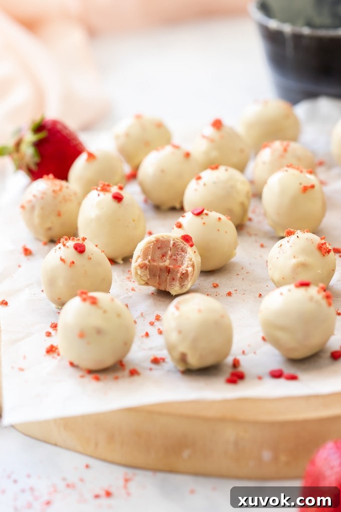 A batch of white chocolate truffles surrounded by freeze dried strawberry crumbs sitting on a wooden board, one is half eaten