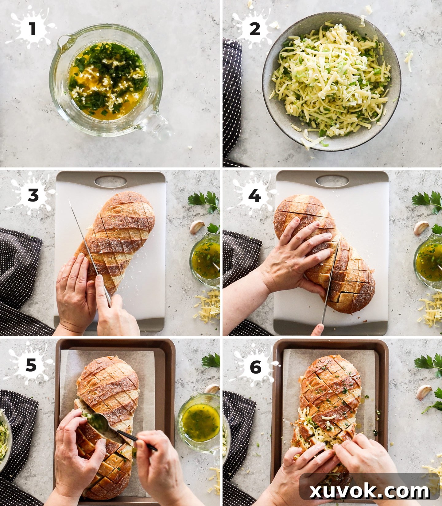 A collage showing the steps to make cheesy garlic pull apart bread.