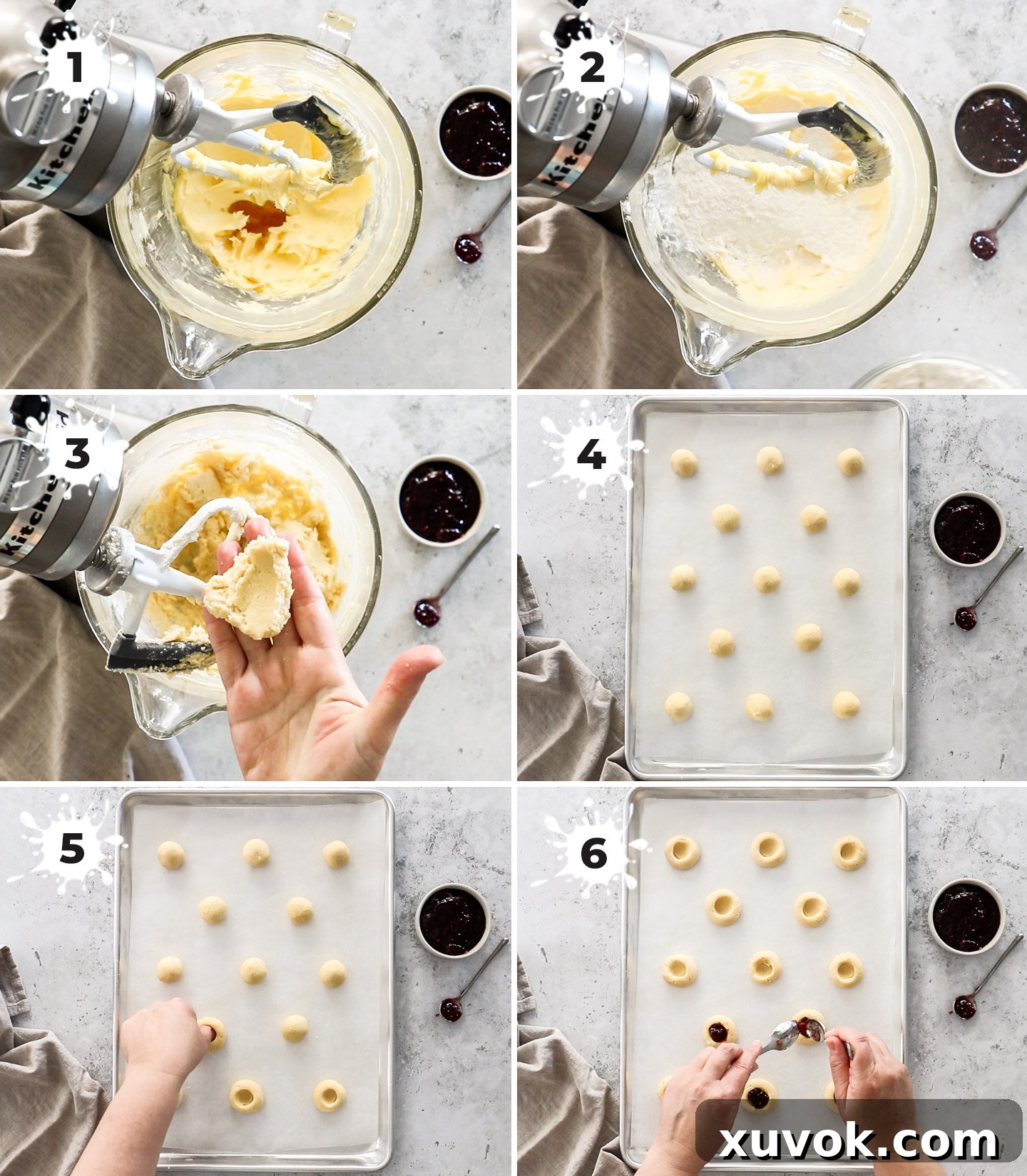 A collage showing how to make raspberry thumbprint cookies.