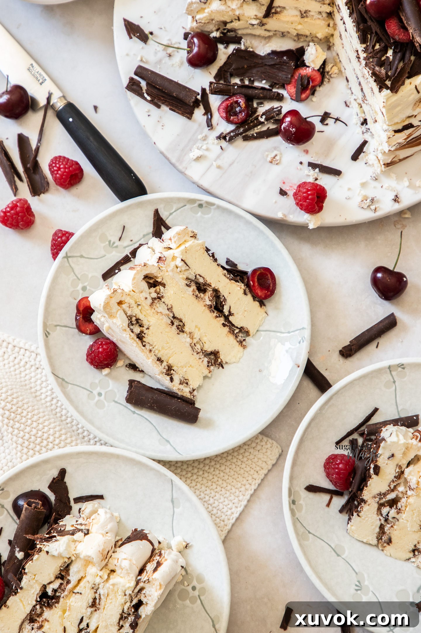 A slice of meringue cake on a dessert plate.