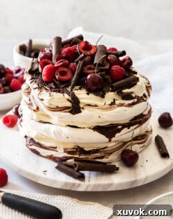 A 3 layered chocolate meringue cake topped with raspberries and cherries.