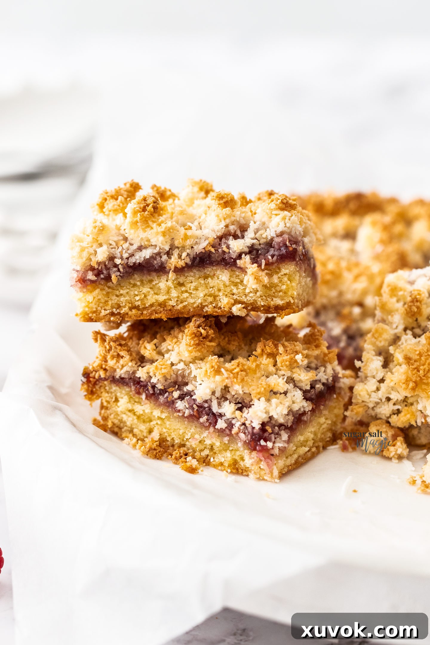 A stack of two pieces of raspberry coconut slice on a light background, highlighting its layers.