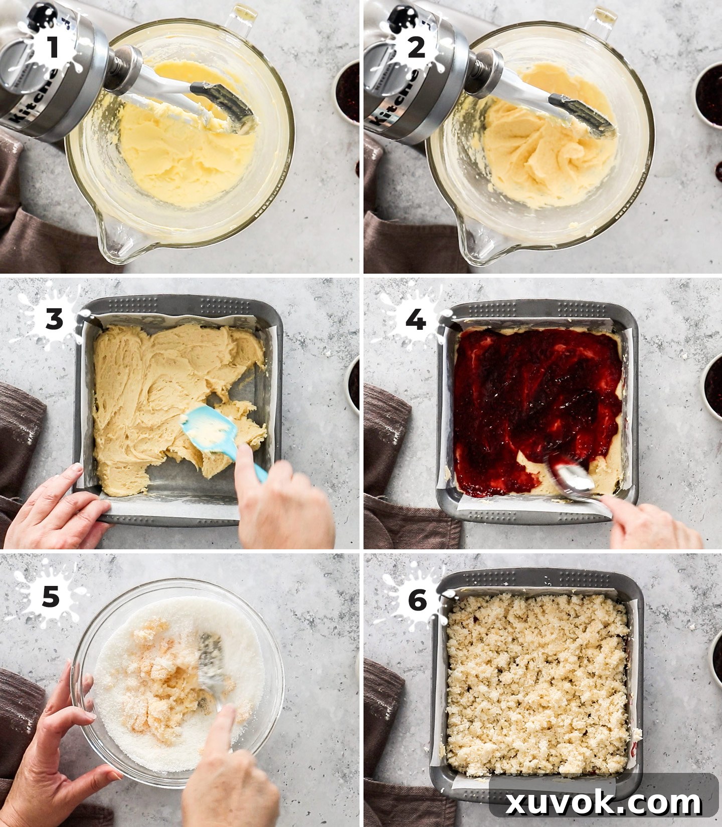 A collage showing the step-by-step process of making raspberry coconut slice, from mixing the batter to layering the jam and coconut topping.