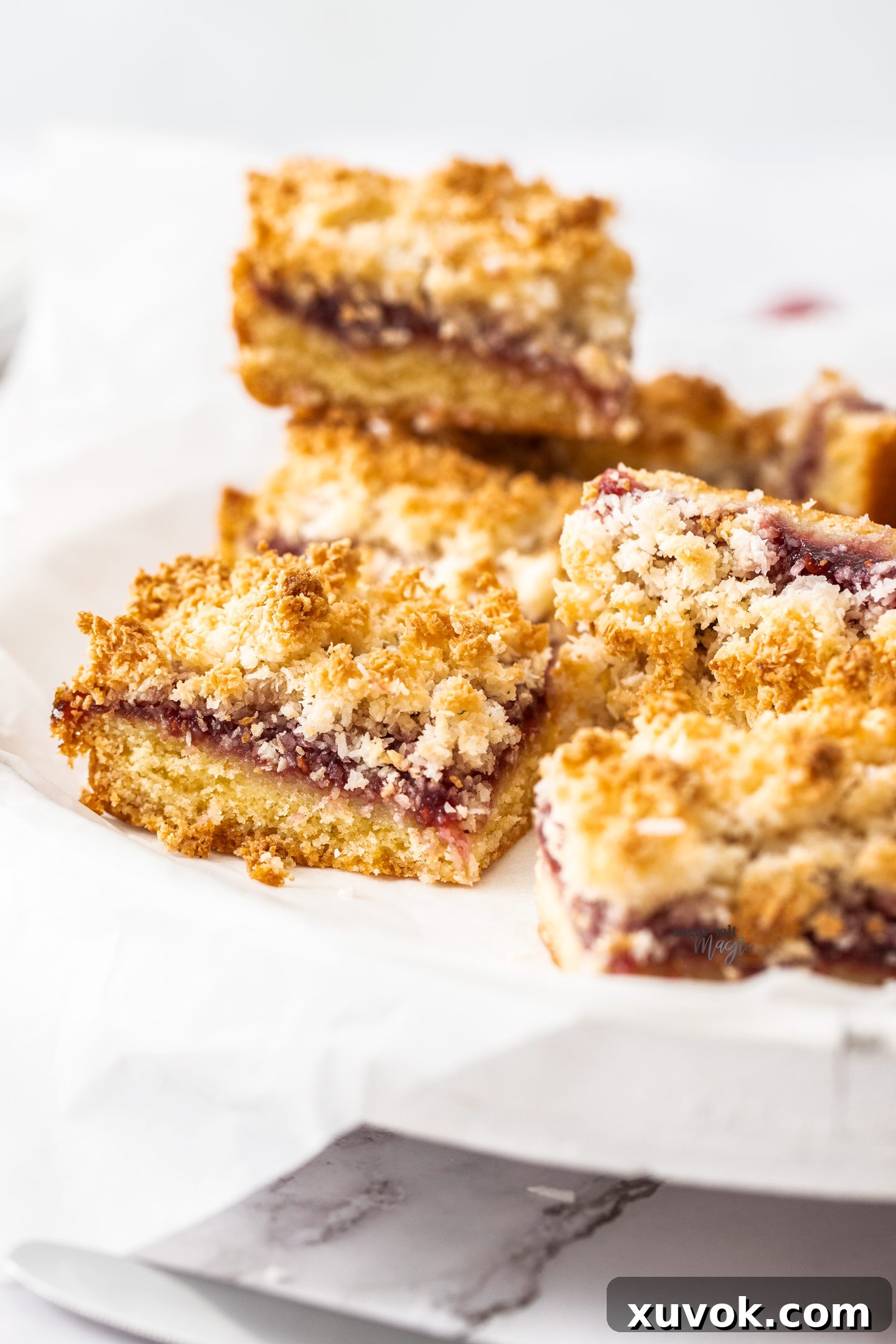 Side profile of a raspberry coconut slice, clearly showing its three distinct layers: buttery base, jam, and coconut topping.