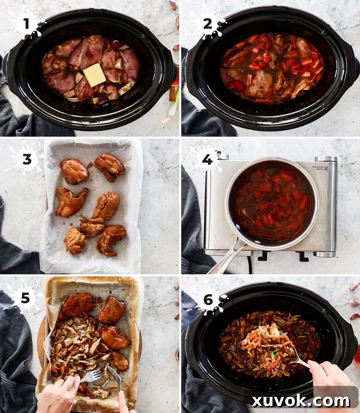 A collage showing the steps to making slow cooker honey soy chicken.