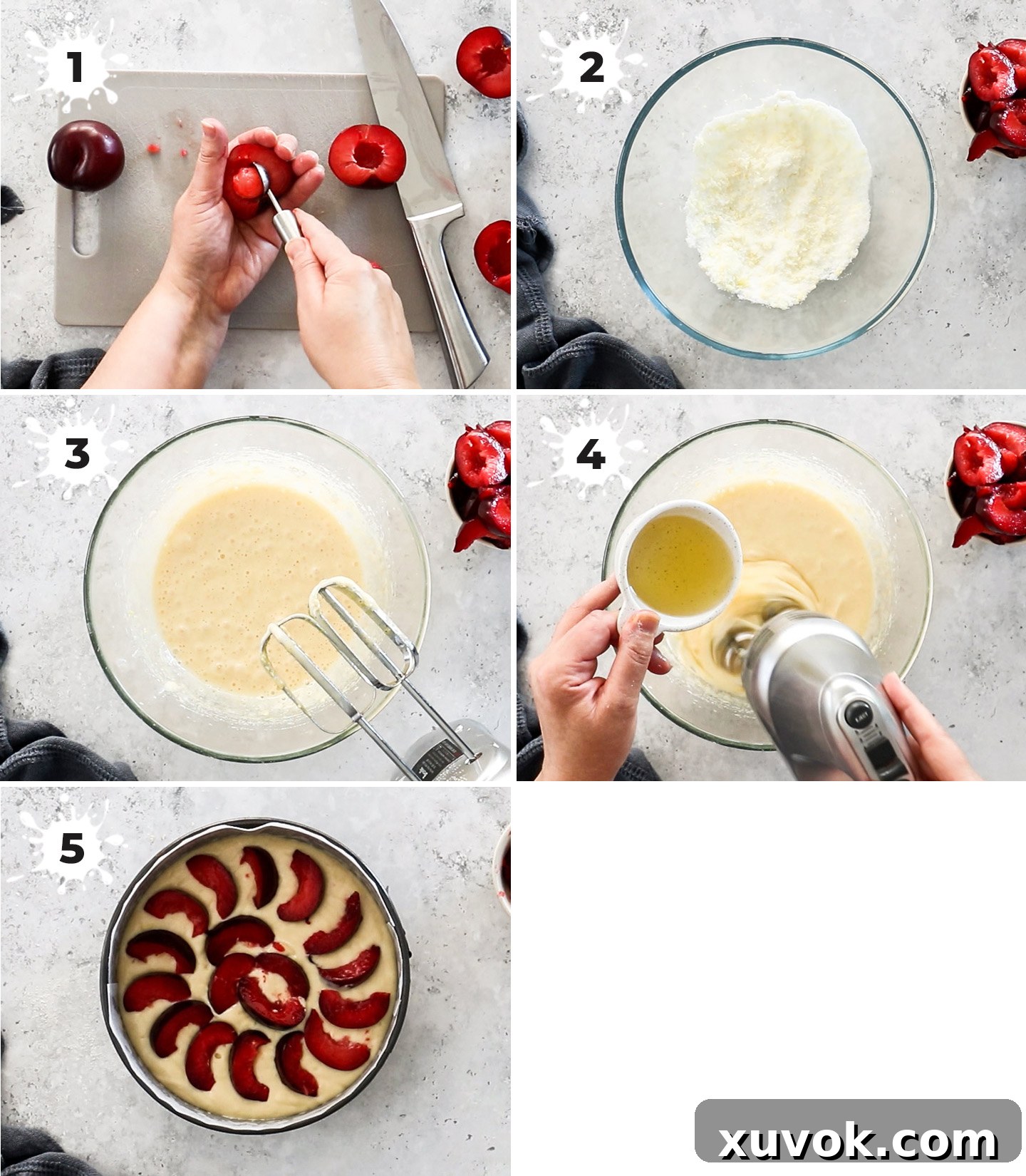 A collage showing how to make plum cake.