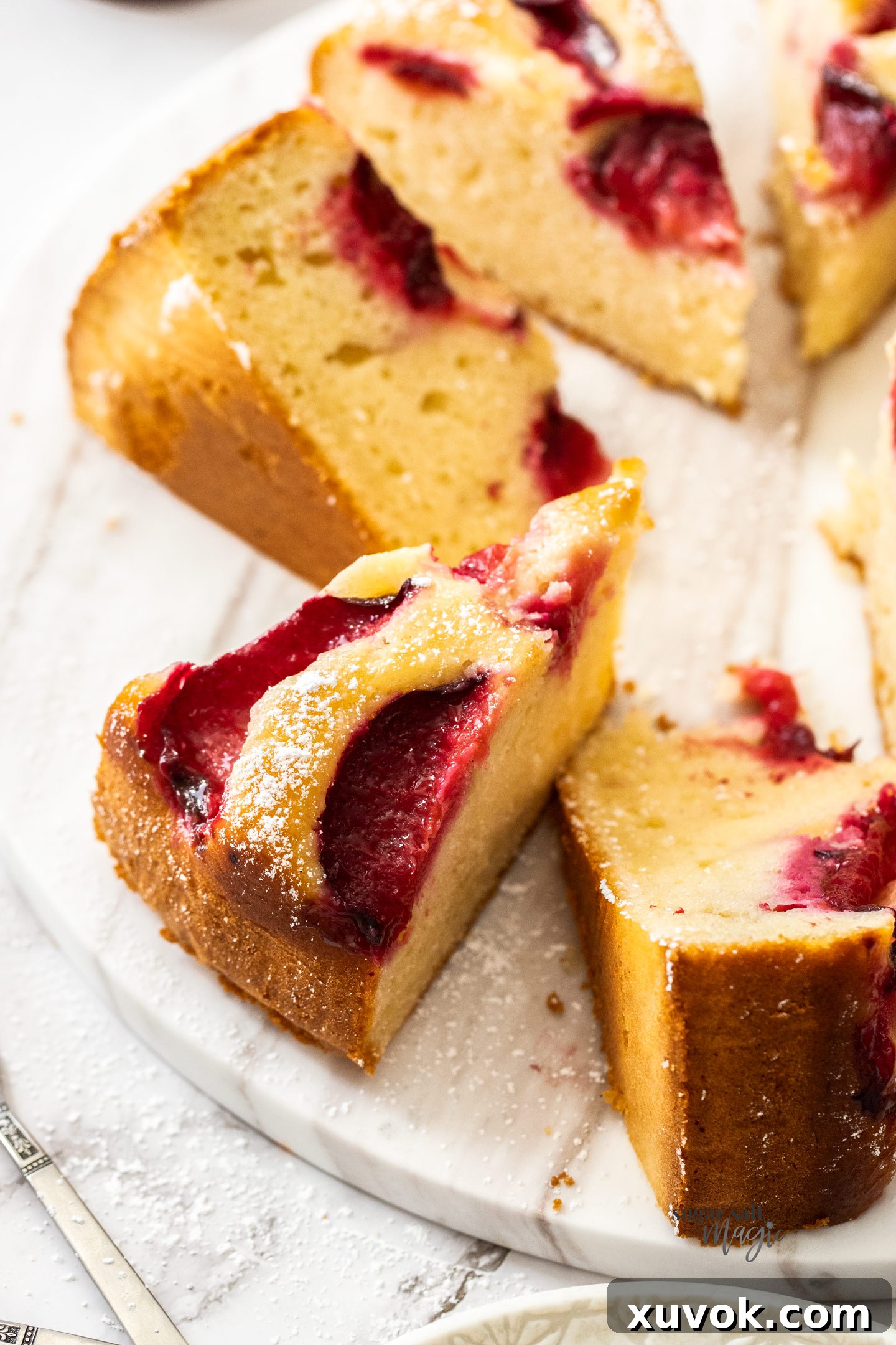 Closeup of the top of a slice of plum cake.