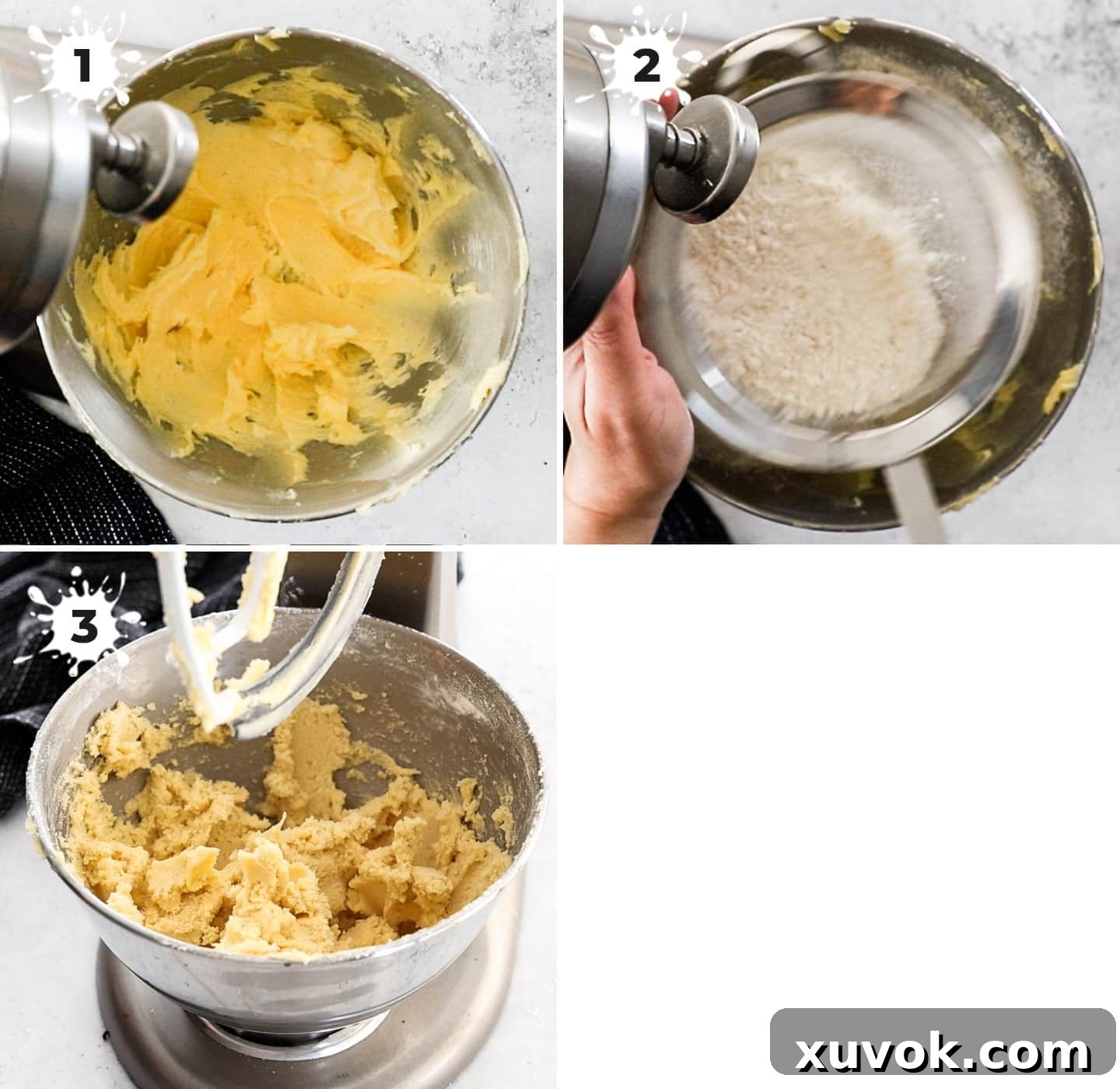 A step-by-step collage illustrating the process of mixing shortbread dough in a bowl.