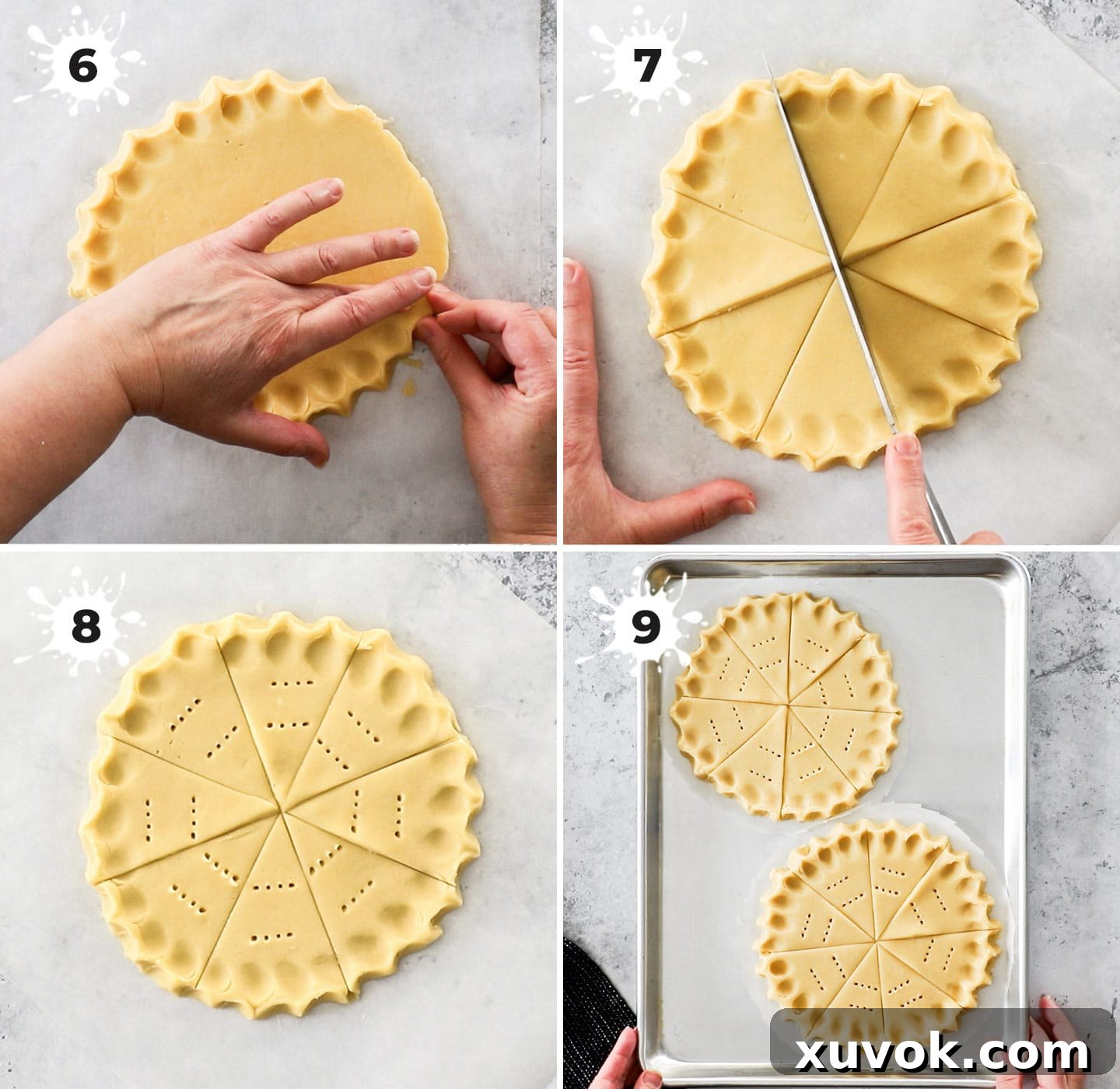 A collage demonstrating the steps to shape shortbread dough into classic petticoat tails.