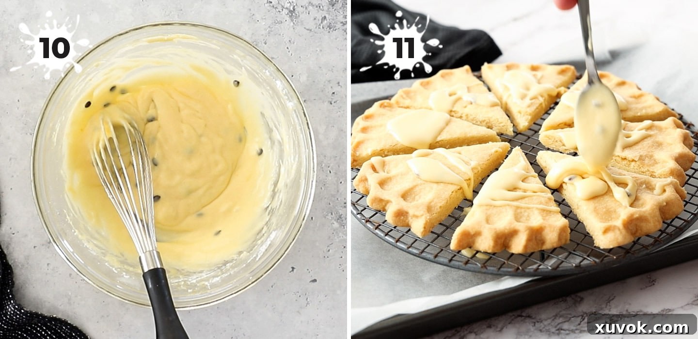 Passionfruit icing being drizzled generously over freshly baked shortbread cookies on a wire rack.