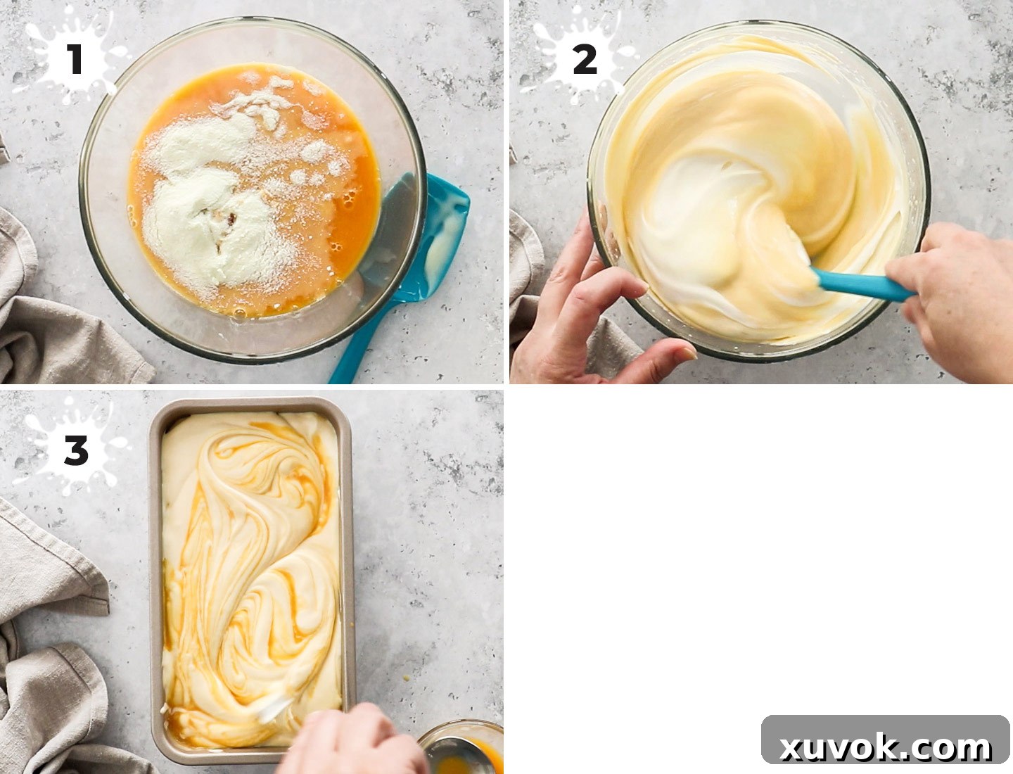 A multi-panel collage illustrating the making of passion fruit ice cream, from mixing ingredients in bowls to transferring the finished mixture into a loaf pan for freezing.