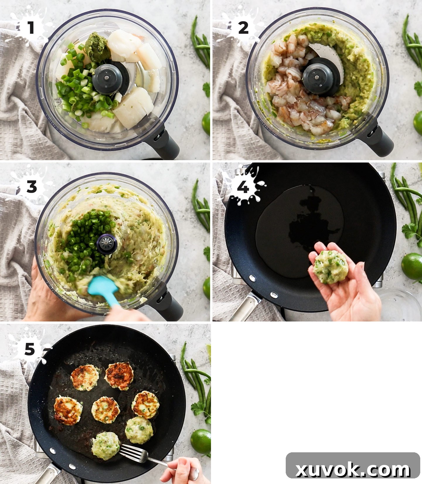 A collage showing how to make Thai fish cakes.