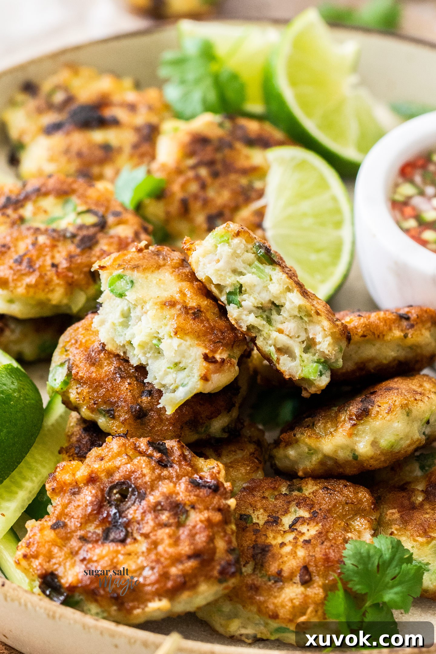 A Thai fish cake that's been broken in half to show the inside.