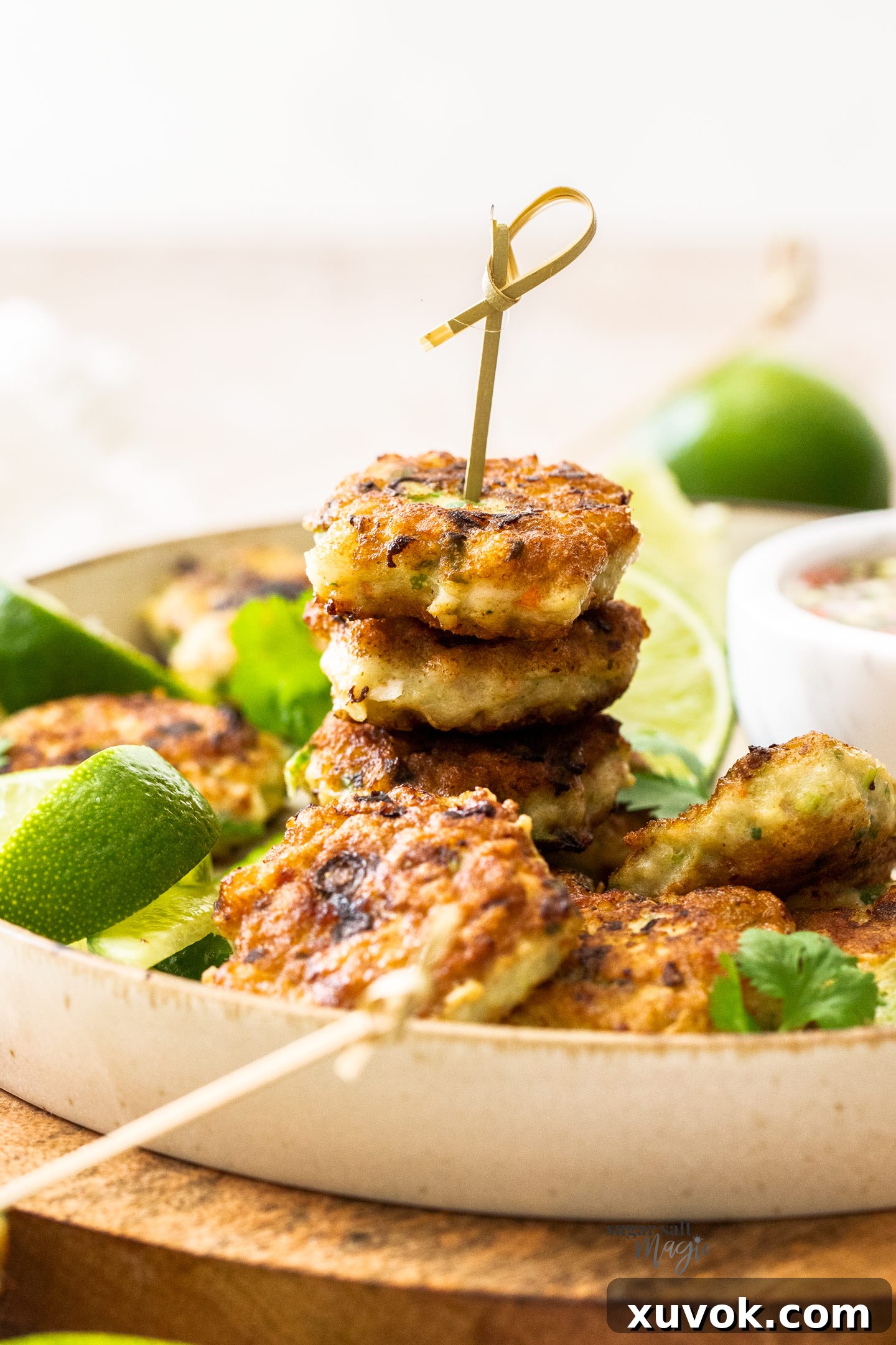 3 Thai fish cakes on a bamboo skewer.