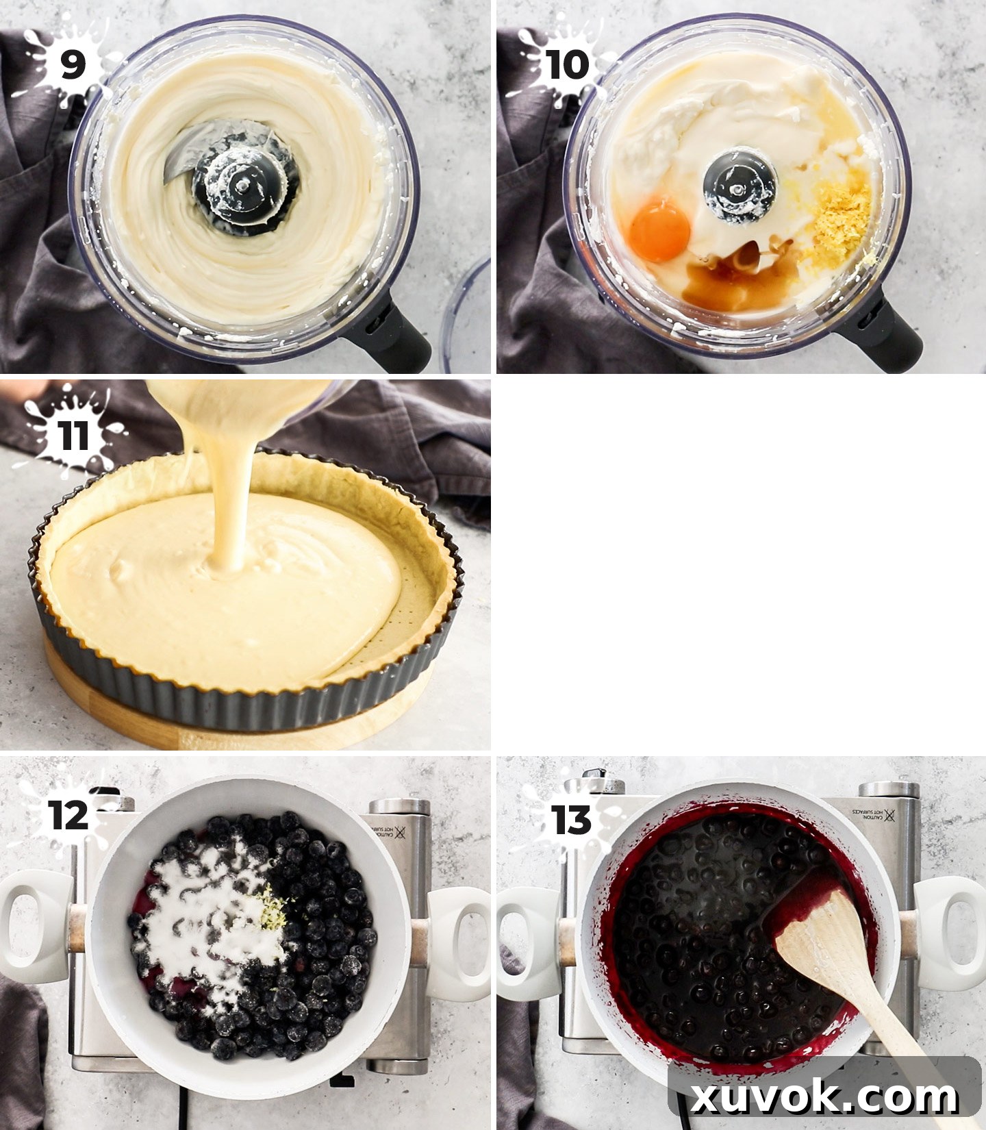 A two-panel collage showing the process of making the blueberry cheese tart filling and compote: blending the cheesecake ingredients in a food processor, and simmering blueberries for the compote in a saucepan.