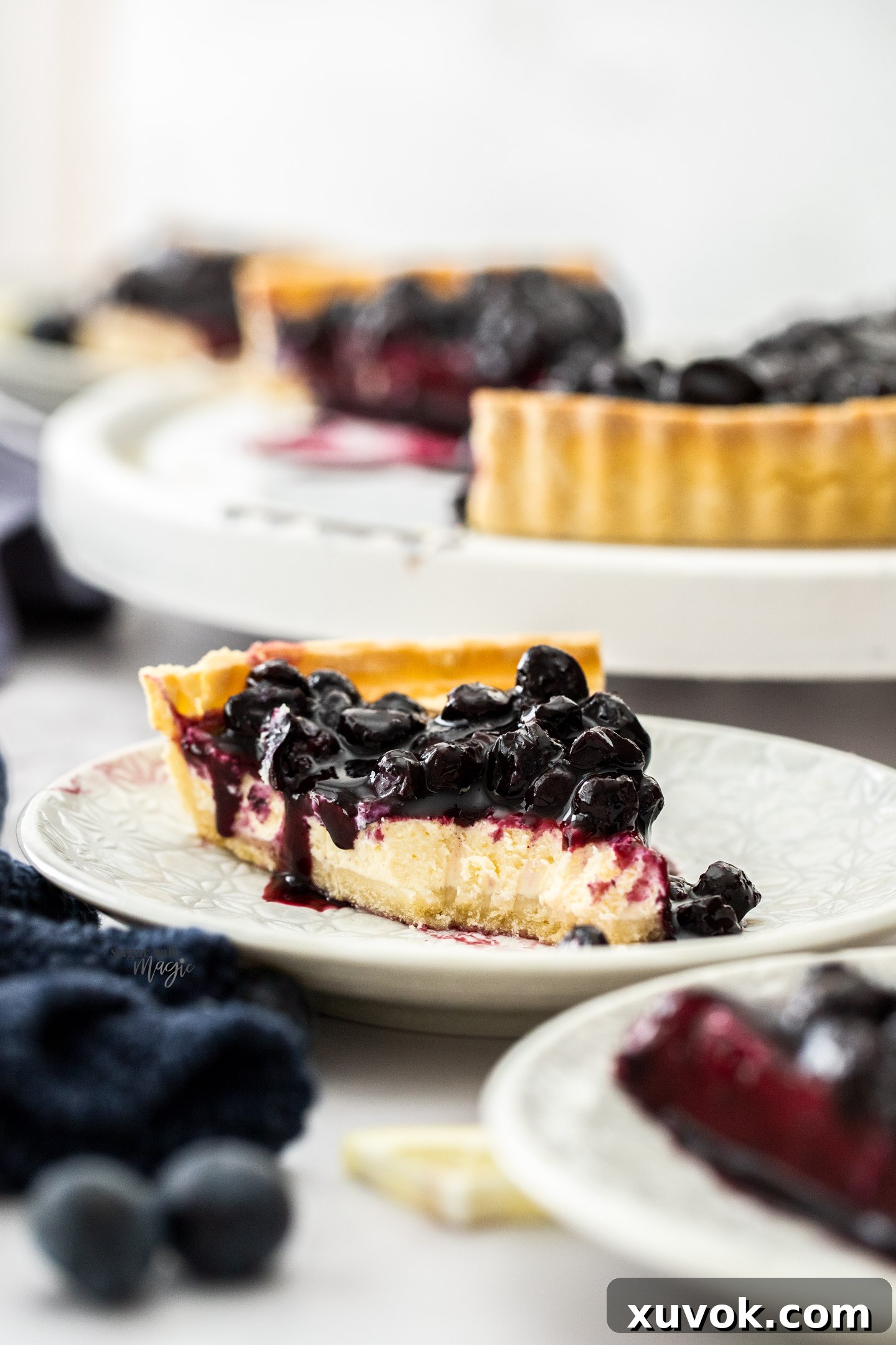 A close-up shot of a slice of blueberry cheese tart on a plate, with a forkful already taken, highlighting the creamy texture and rich blueberry topping.