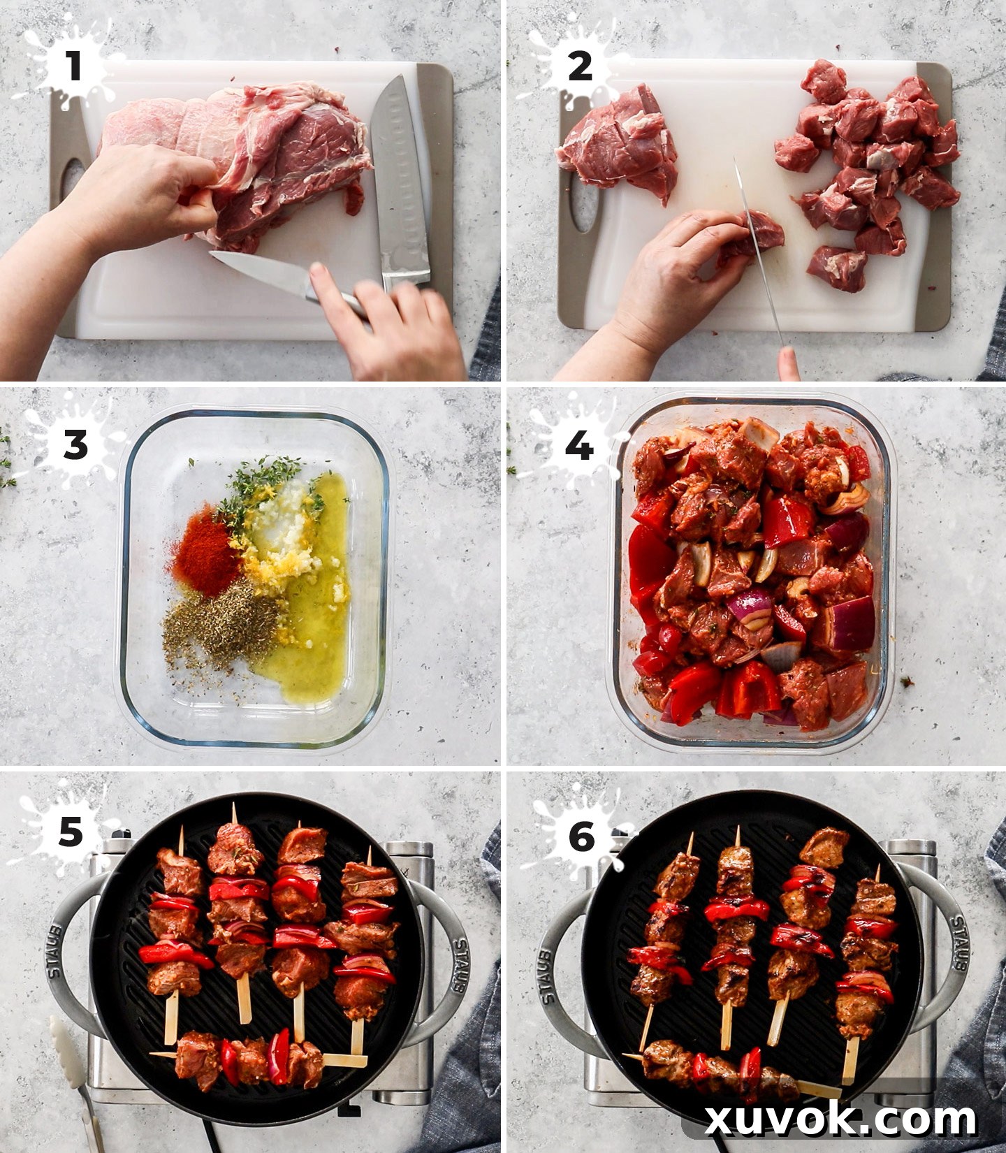 A visual collage illustrating the steps to prepare lamb souvlaki.