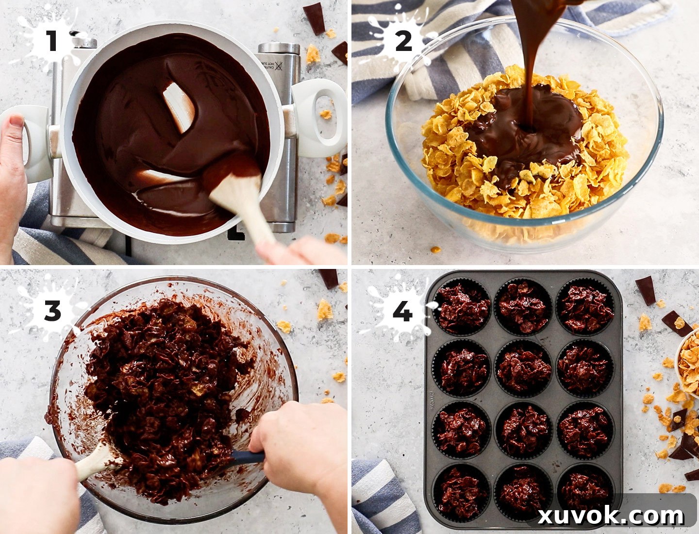 A collage showing how to make chocolate cornflake cakes.