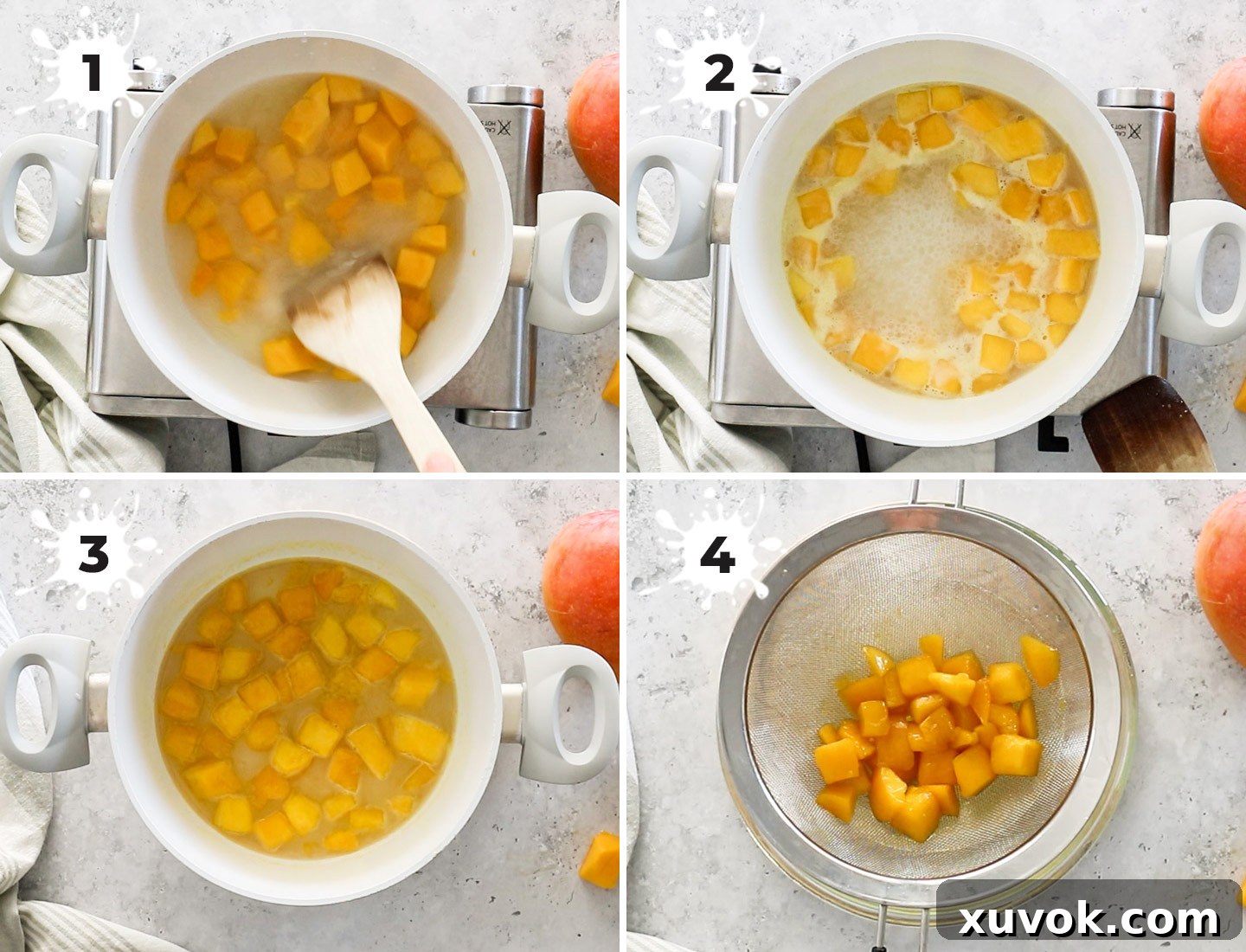 A visual collage illustrating the simple steps to make homemade mango syrup.