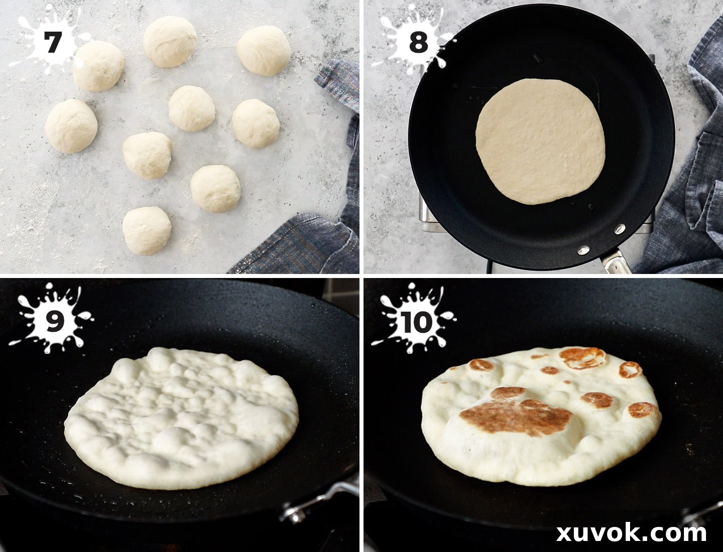 A collage showing how to cook the bazlama.
