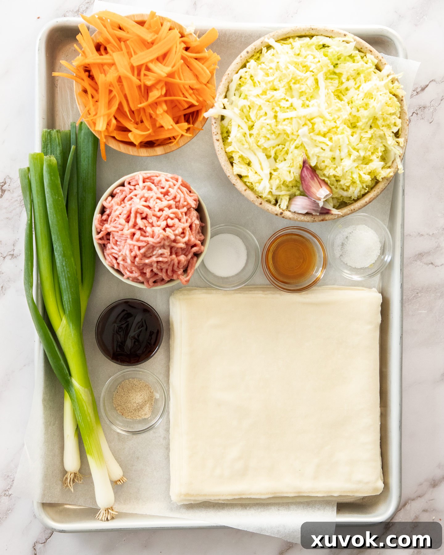 Ingredients for homemade Chinese spring rolls laid out on a baking tray, including pork mince, julienned carrots, shredded cabbage, spring onions, garlic, and various sauces.