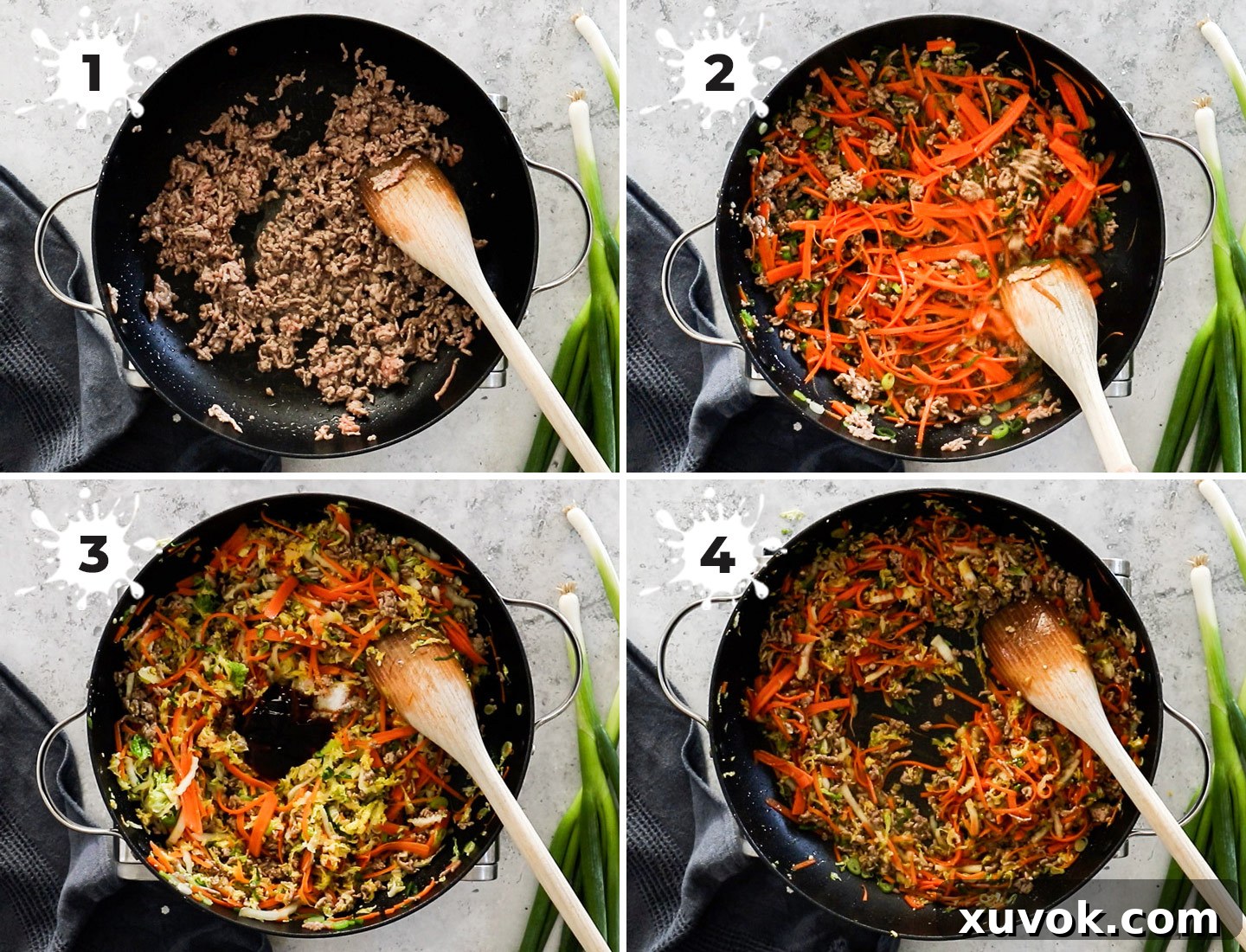 A four-panel collage demonstrating how to cook the spring roll filling: browning pork, adding vegetables, mixing in sauce, and cooling the mixture.