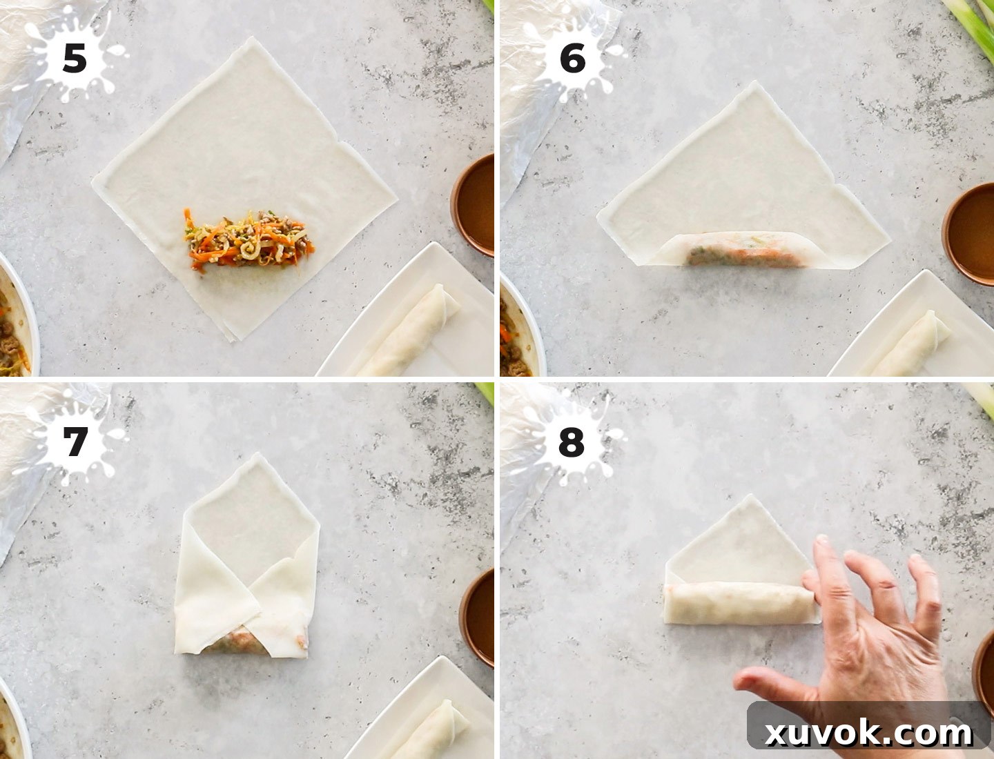 A four-panel collage illustrating the step-by-step process of rolling spring rolls: placing filling, folding corner, folding sides, and sealing the wrapper.