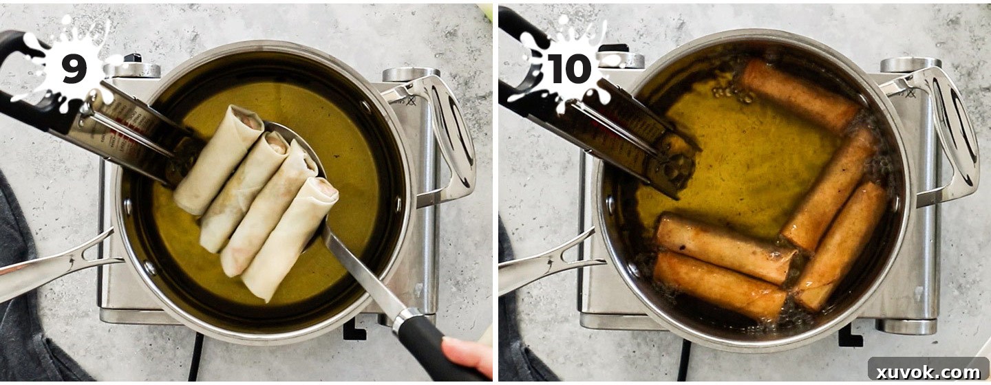 A two-panel collage showing spring rolls frying in hot oil until golden brown and crisp.
