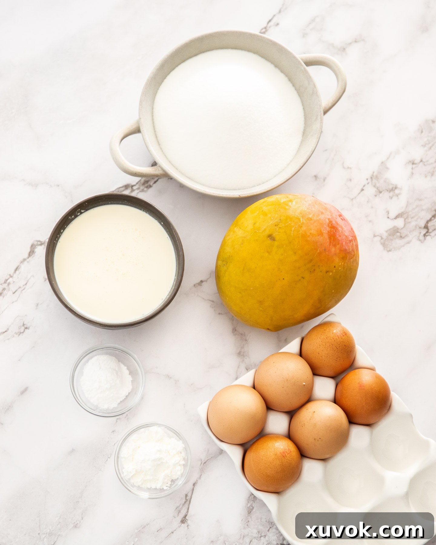 Ingredients for mango pavlova on a marble bench.