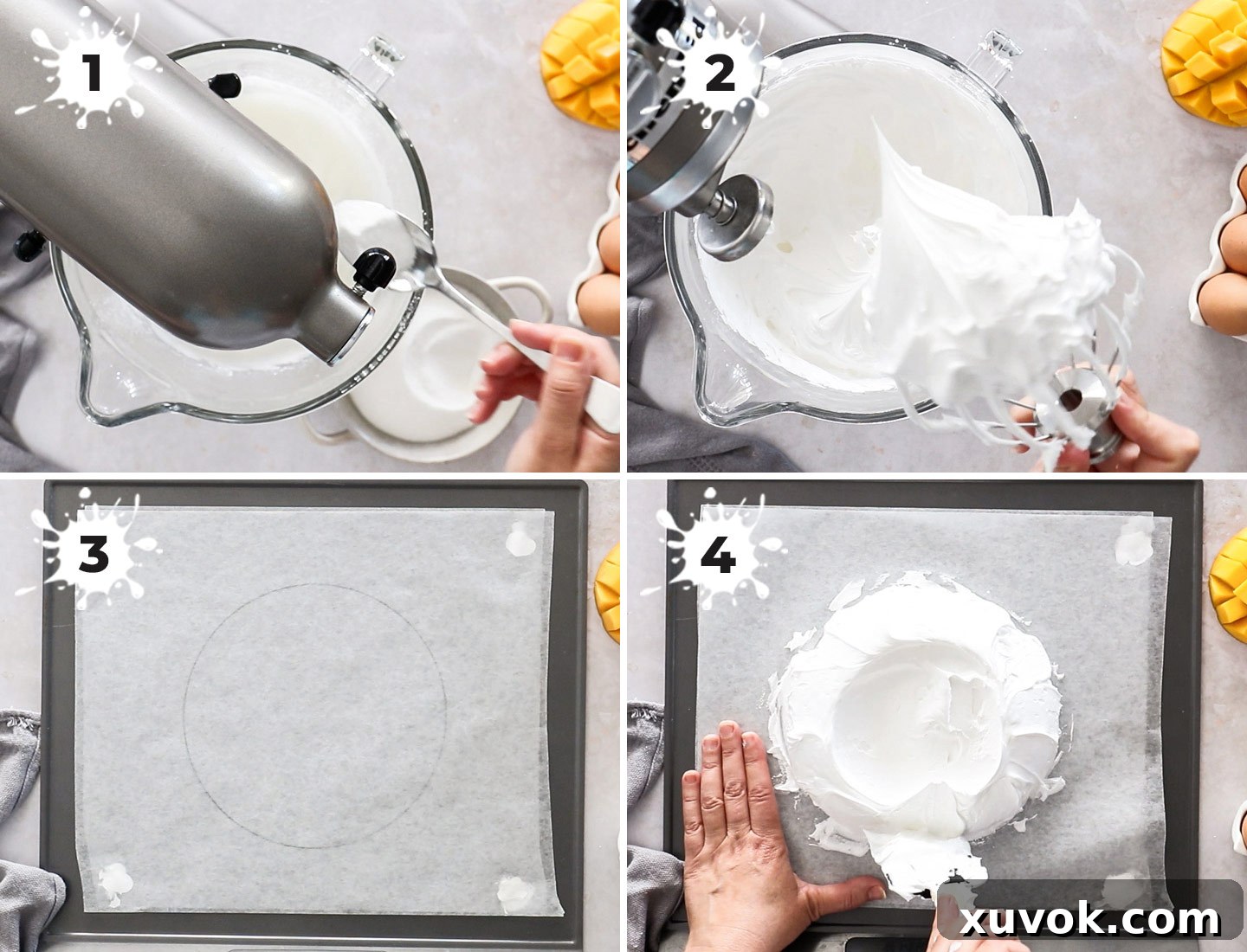 A collage showing how to make pavlova.