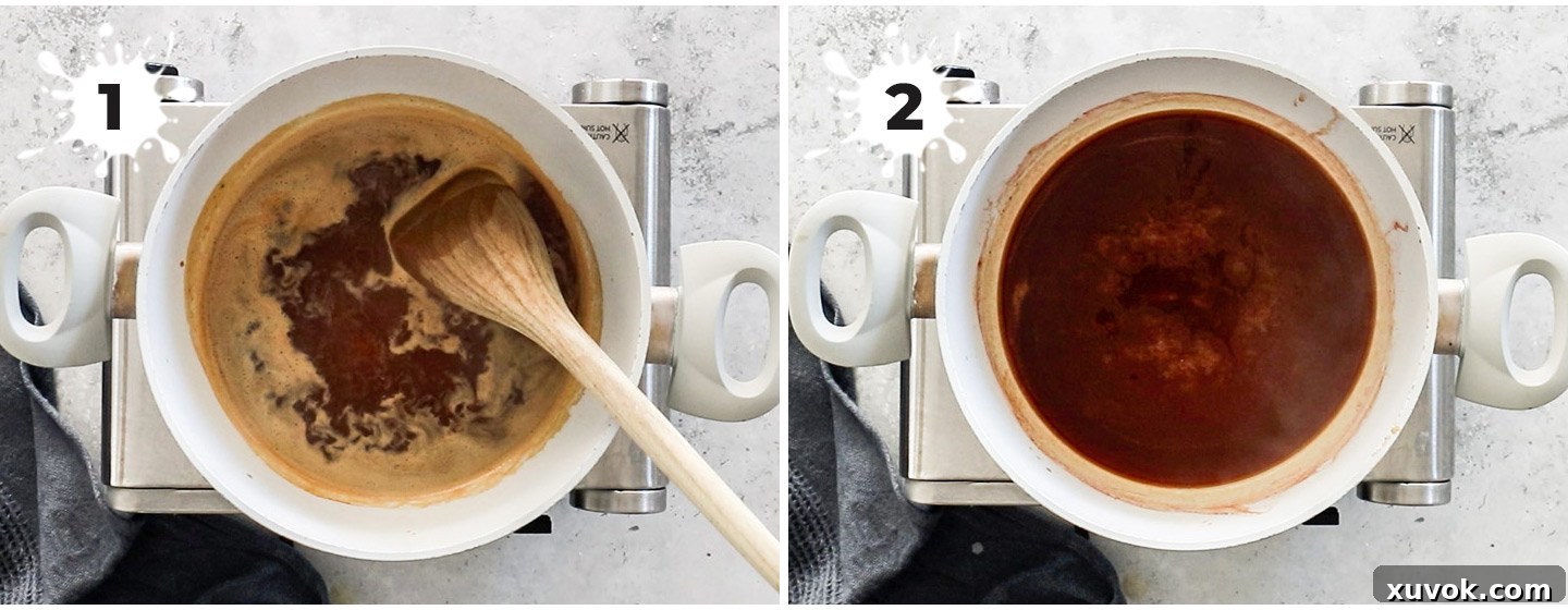 A collage showing the steps to make sweet and sour sauce: mixing ingredients, simmering, and thickening.