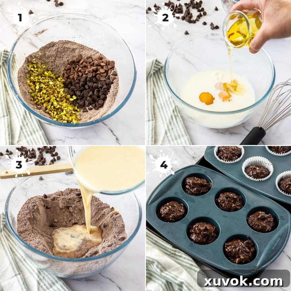 A visual guide showing the steps for preparing chocolate muffin batter, including images of dry ingredients in one bowl, wet ingredients in another, and the final batter being spooned into a muffin tin.