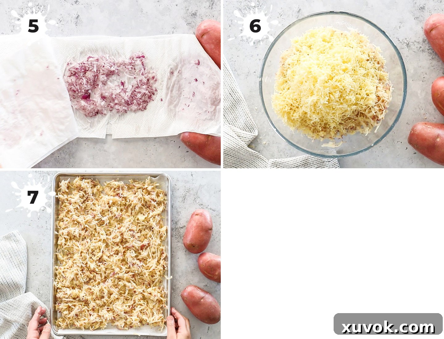 A collage showing how to assemble and bake the hash browns.