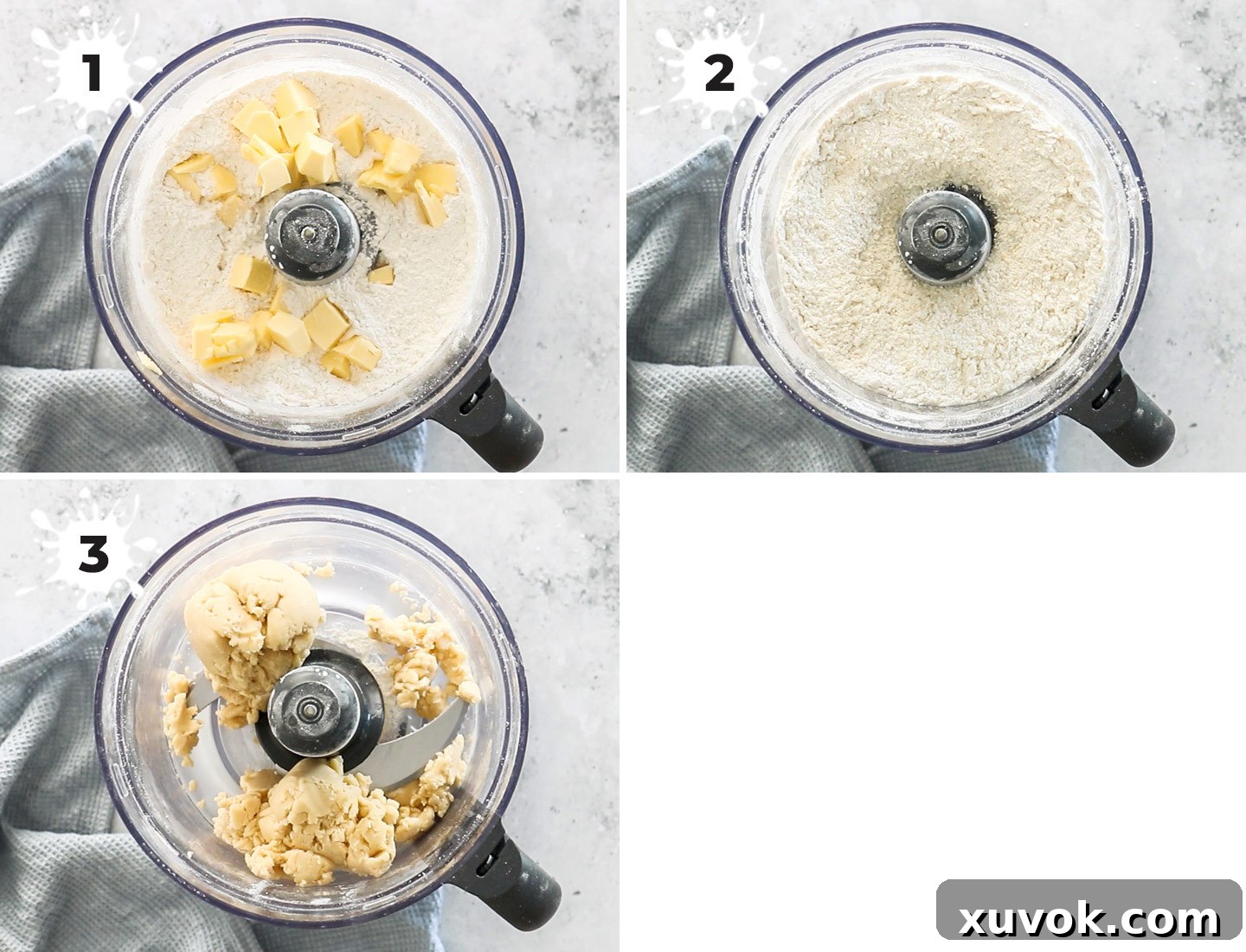 A four-panel collage illustrating the initial stages of dough preparation: 1) flour, sugar, and butter in a food processor, 2) mixture resembling lumpy sand, 3) adding an egg, and 4) dough forming large clumps.