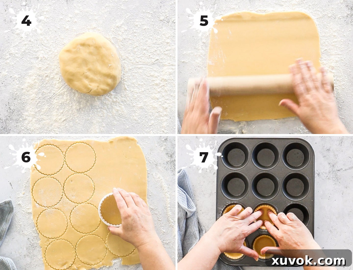 A four-panel collage illustrating the dough shaping process: 1) forming dough into a disk, 2) rolling out the dough, 3) cutting rounds with a fluted cutter, and 4) pressing dough into a muffin tin.