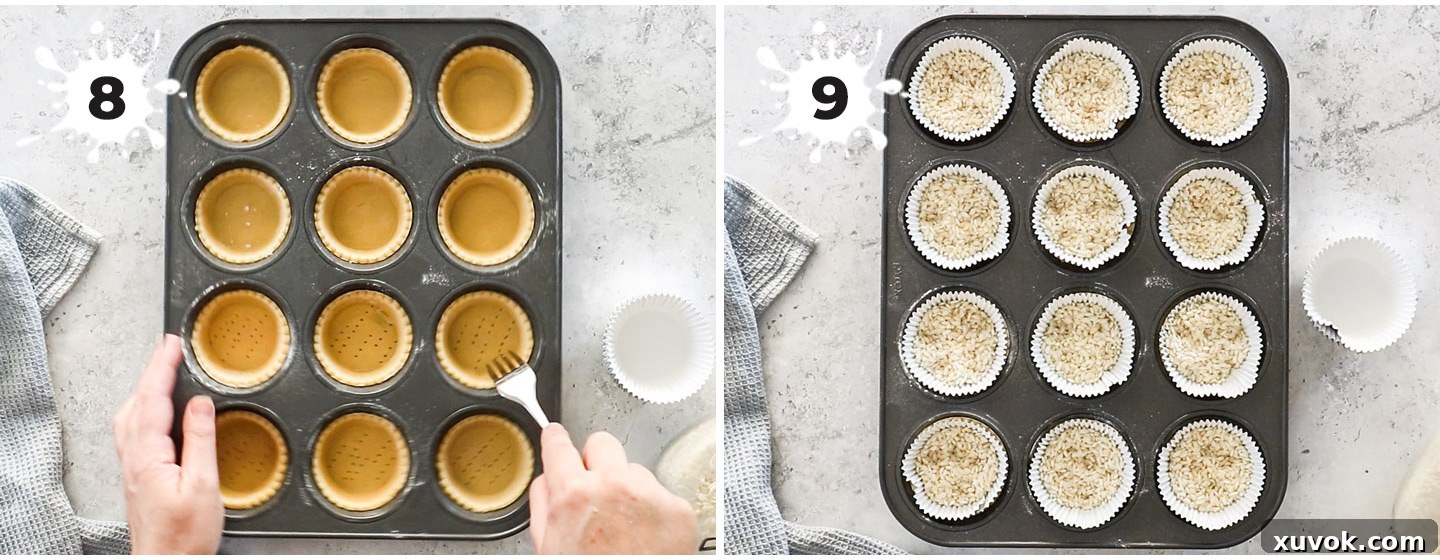 A two-panel collage showing tart shells prepared for blind baking: 1) bases pricked with a fork, and 2) lined with cupcake cases and filled with rice for baking weights.