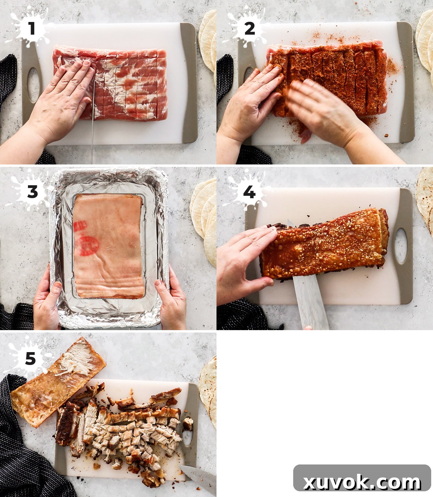 A visual collage illustrating the various stages of preparing and cooking the pork belly for the ultimate tacos.