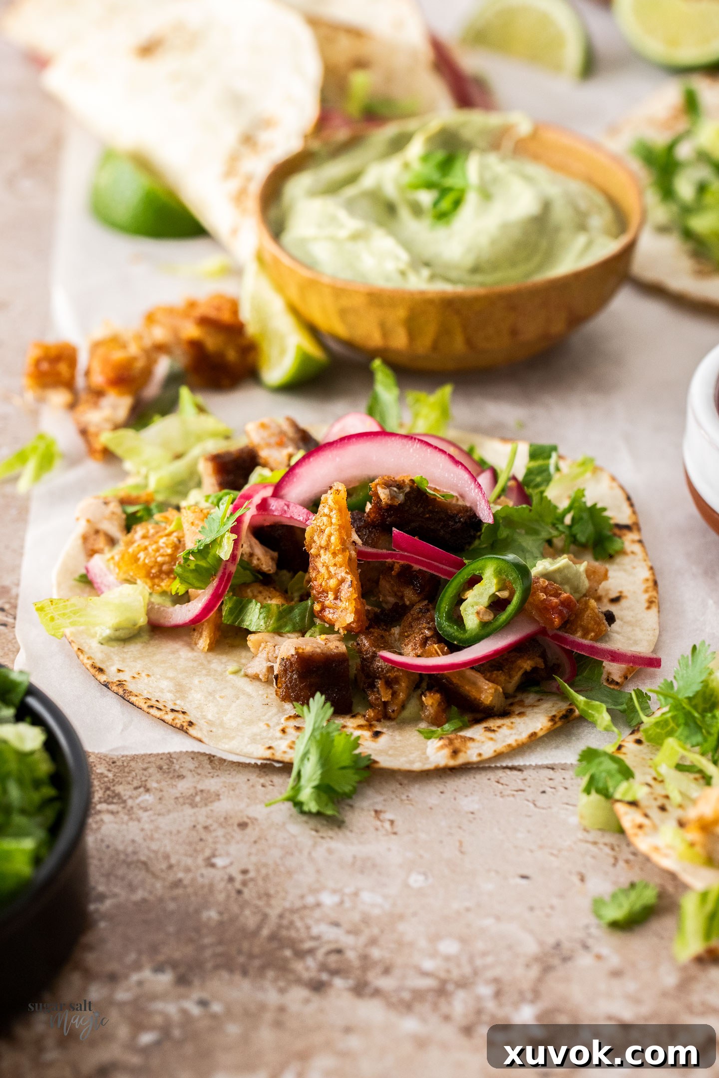 Close-up of an assembled pork belly taco showcasing crispy crackling, tender meat, pickled onions, and fresh cilantro on a warm tortilla.