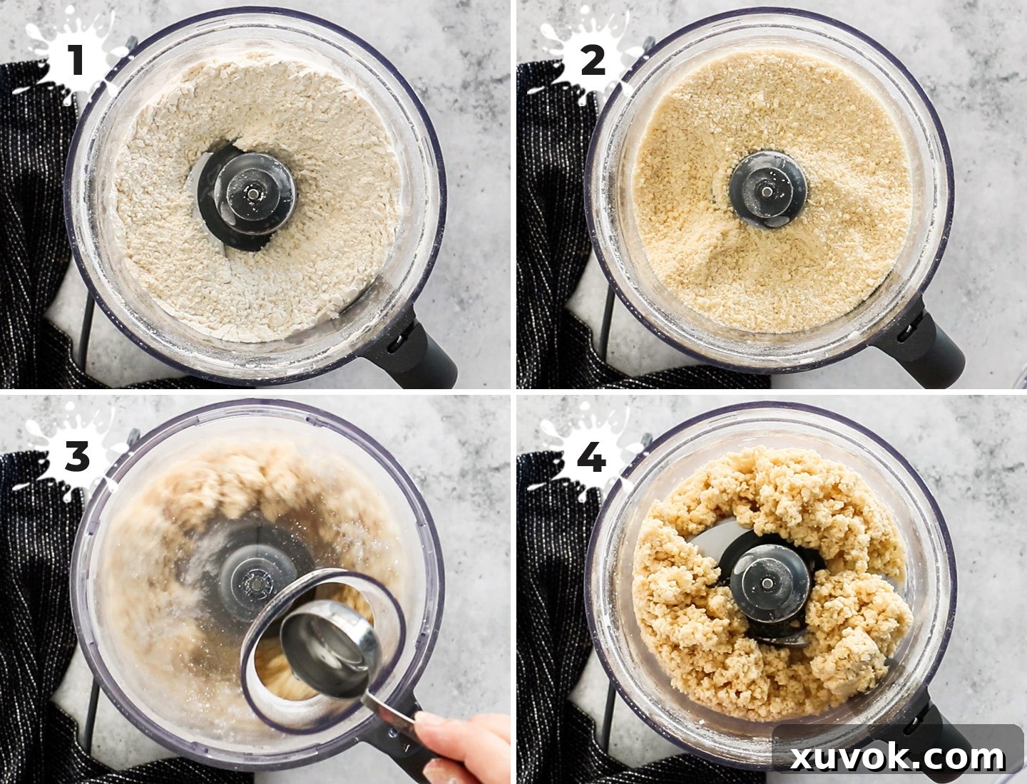 A step-by-step collage illustrating the process of making homemade quiche pastry, showing flour and butter being processed, followed by the addition of egg, and finally the dough clumping together to form a cohesive ball.