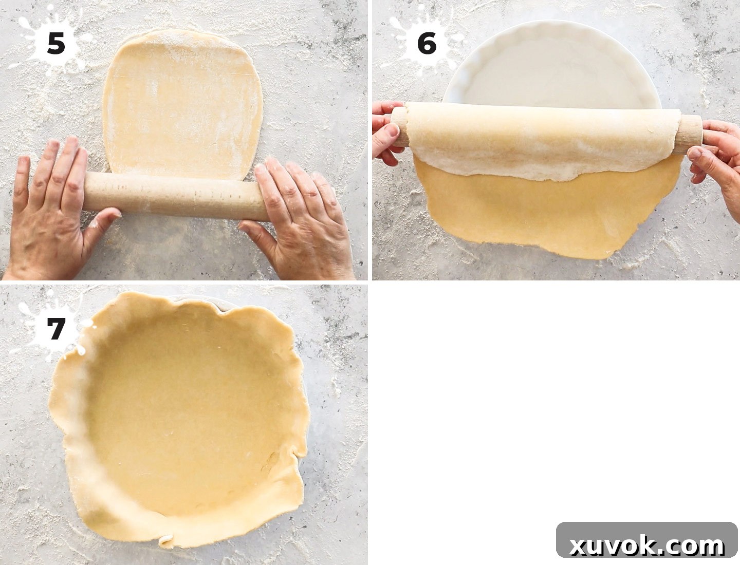 A detailed step-by-step collage demonstrating how to properly roll out quiche dough to the correct thickness and shape it into a 9-inch quiche dish, ensuring it fits snugly into the corners and up the sides.