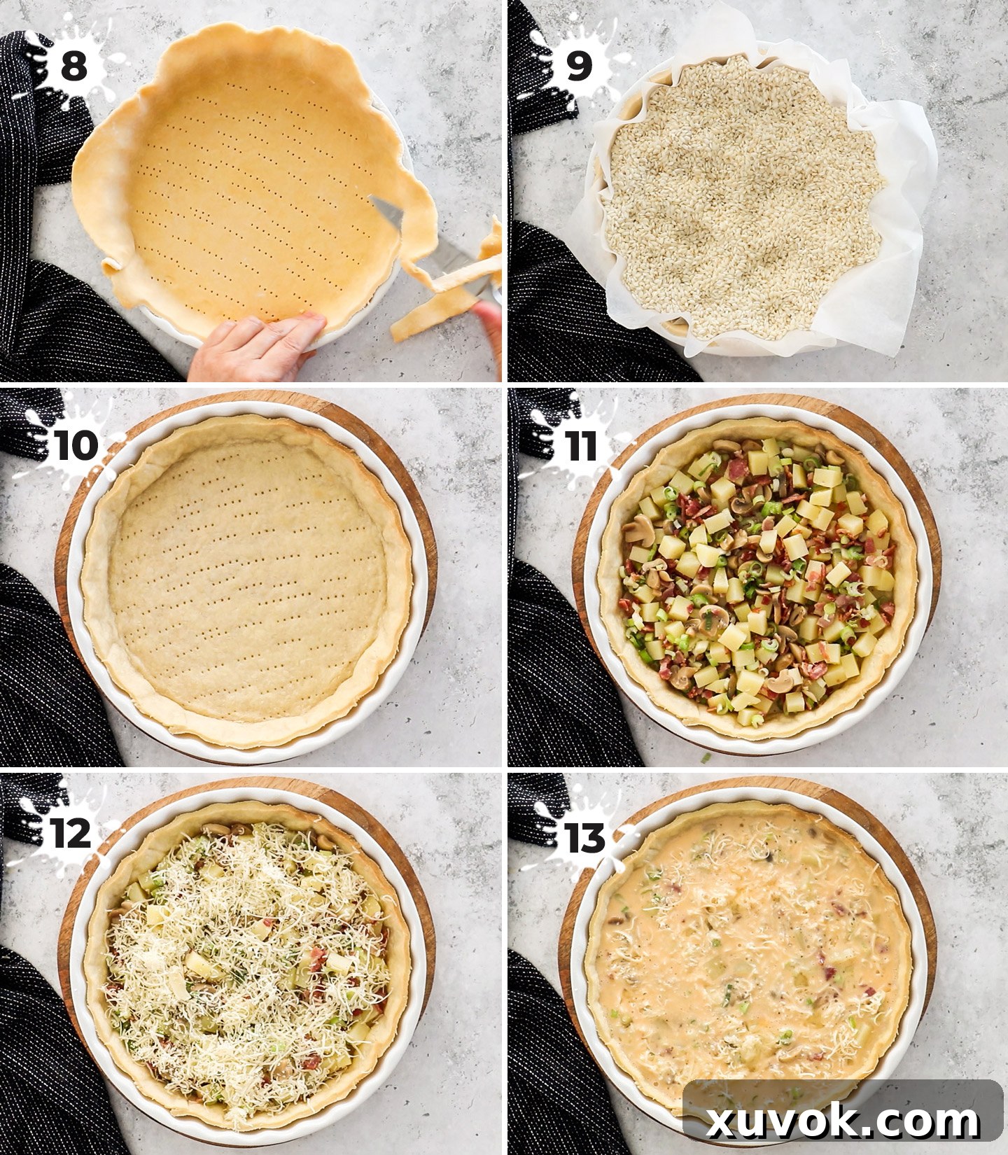 A detailed collage showing the assembly process of the quiche, including layering cooked potatoes, crispy bacon, and spring onions into the par-baked crust, topping with cheese, and finally pouring the whisked egg mixture over the fillings, ensuring even distribution.