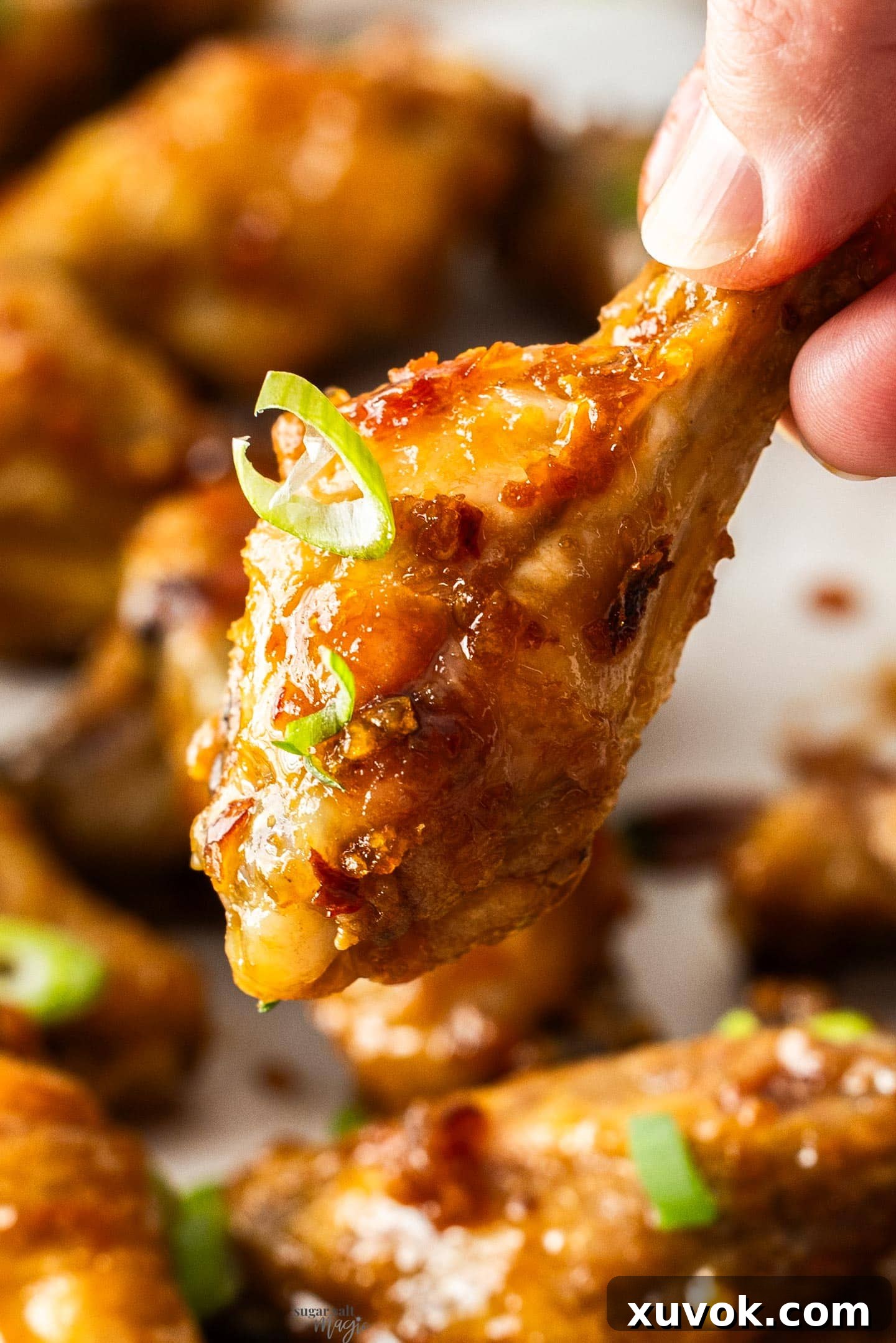 Extreme closeup of a garlic honey chicken wing drummie.