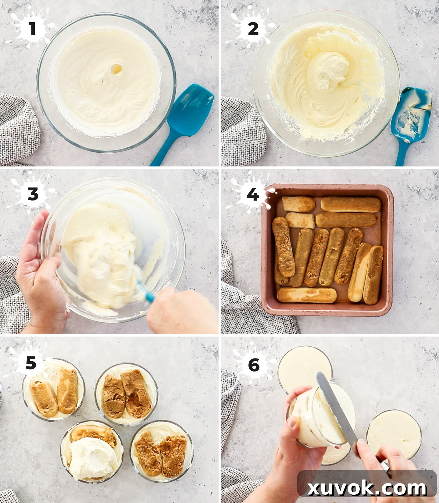 A visual step-by-step collage demonstrating how to assemble tiramisu cups, from whipping cream to layering ingredients in a glass.