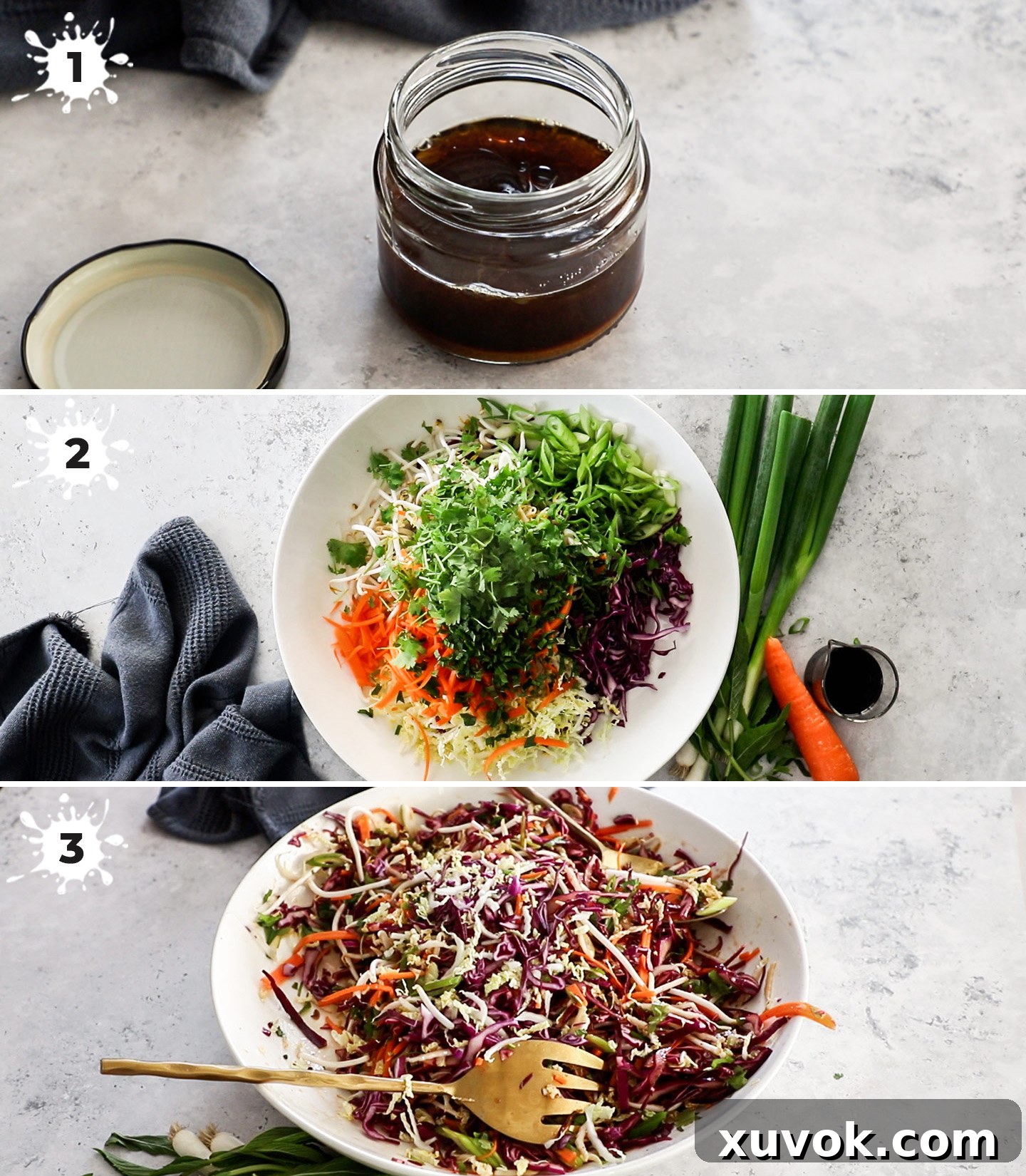 A collage showing how to make Asian slaw.