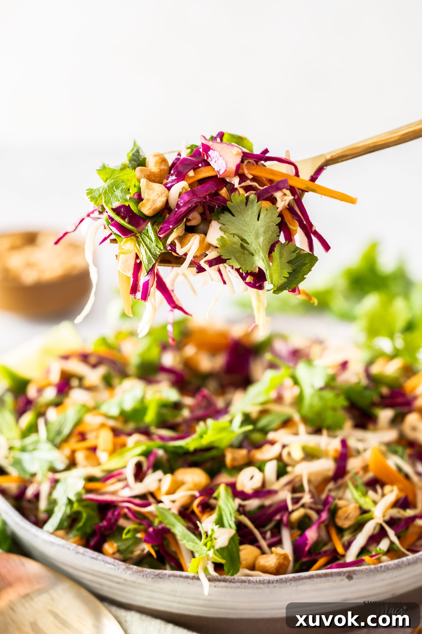 Asian coleslaw on a serving spoon being lifted from a dish.