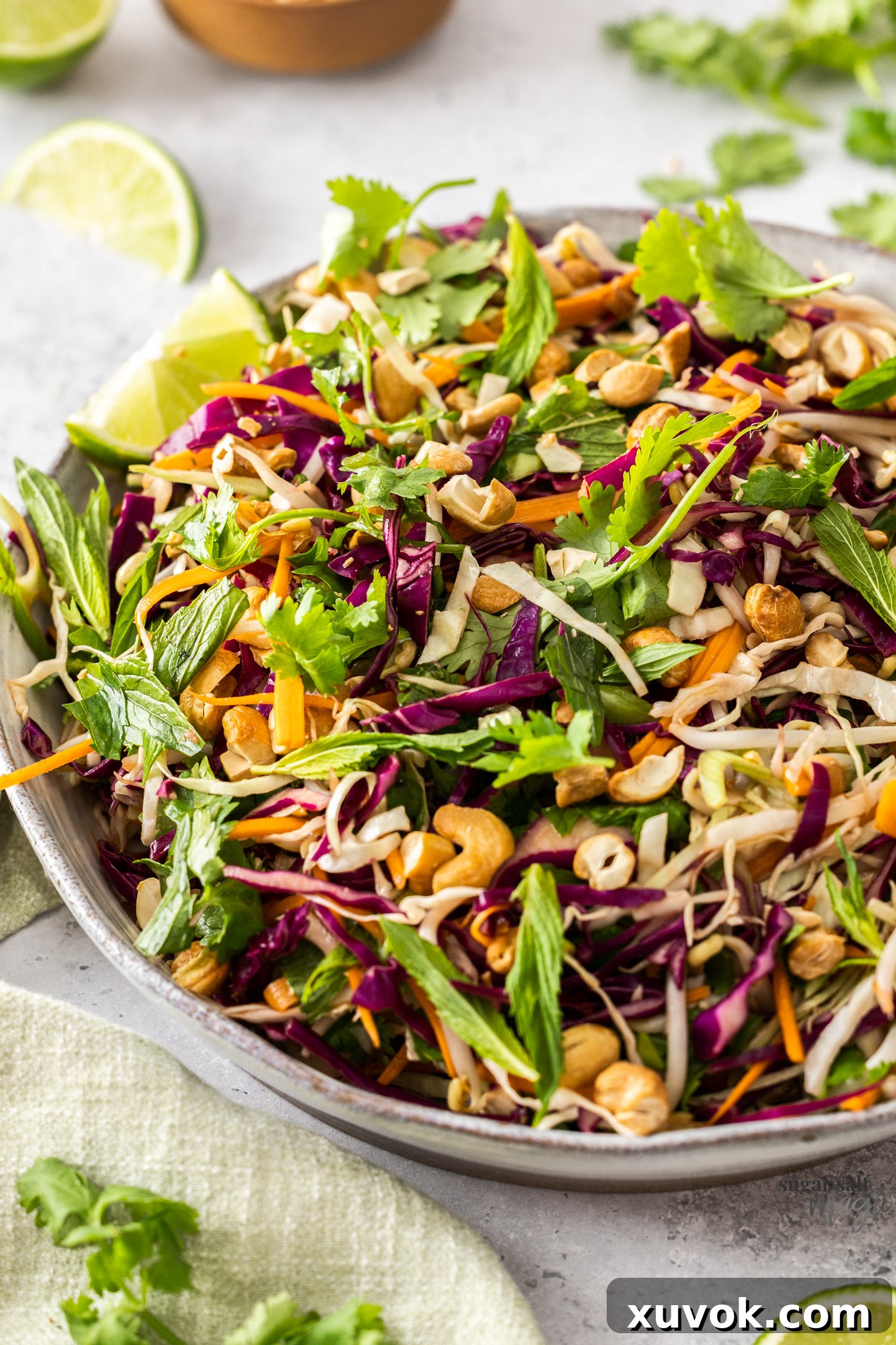 Coseup of Asian slaw in a bowl.