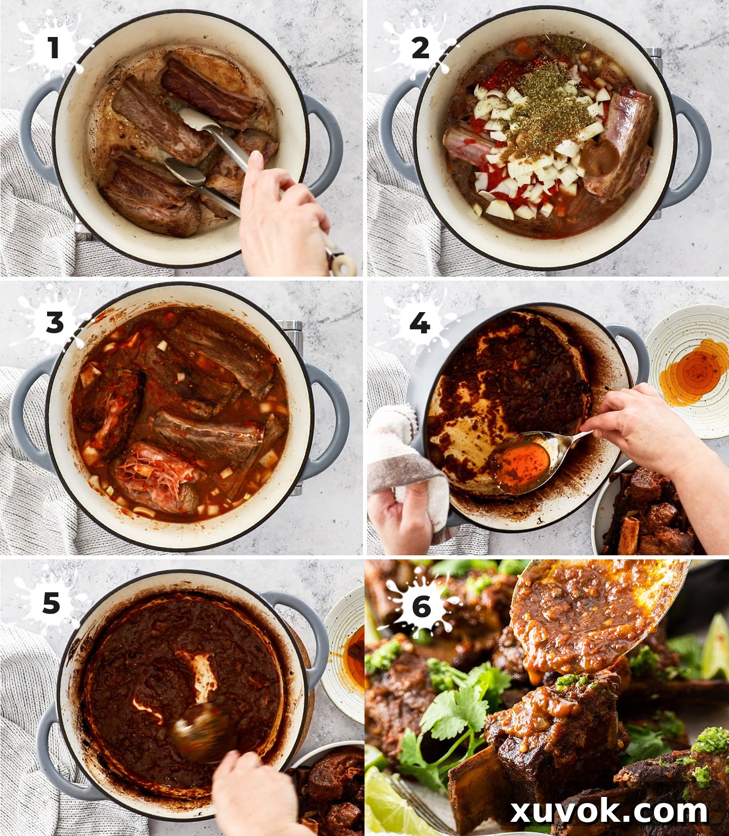 A visual step-by-step collage demonstrating the process of making Mexican Short Ribs, from searing to final braise.