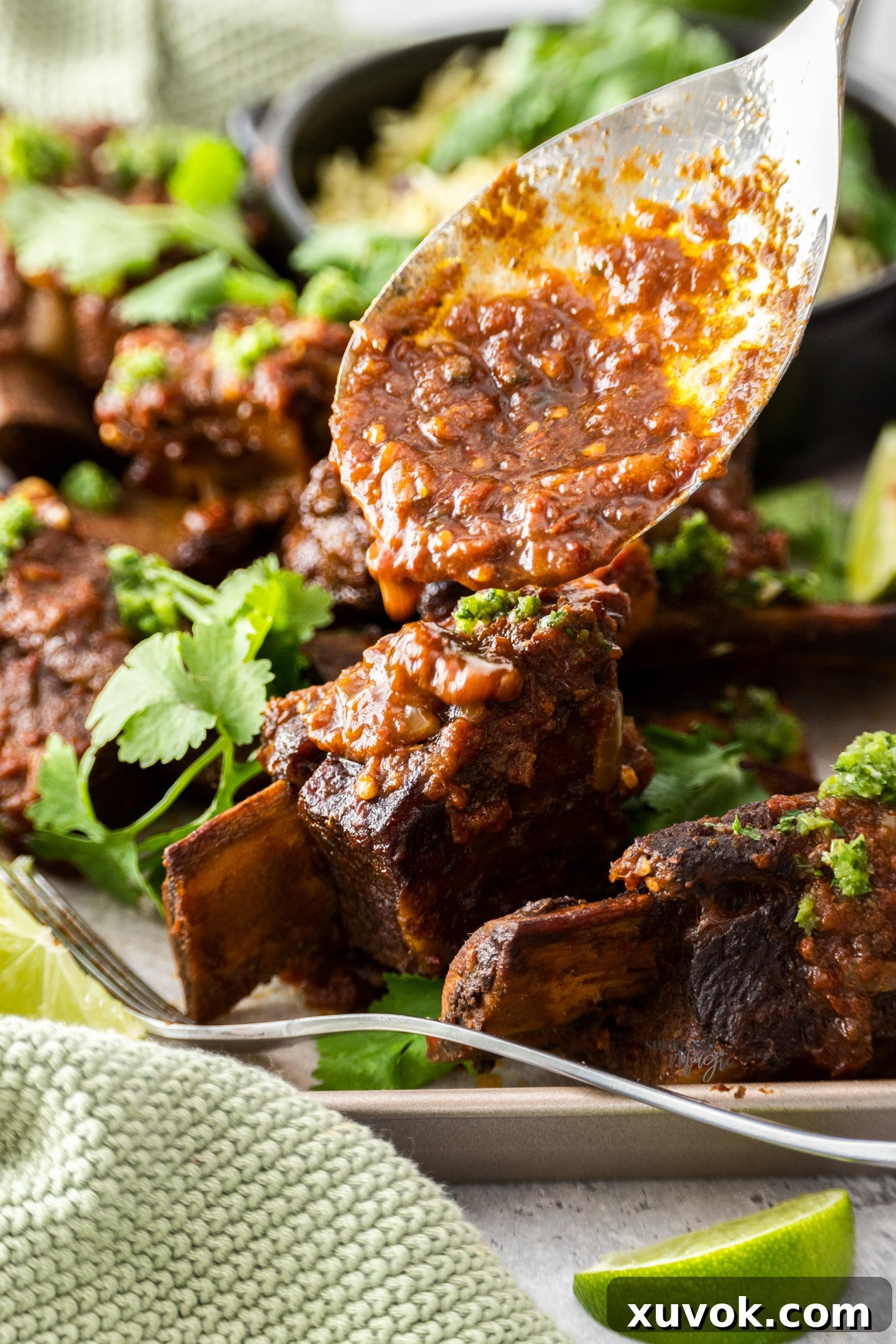 Rich chipotle sauce being generously drizzled over tender Mexican short ribs, ready to serve.