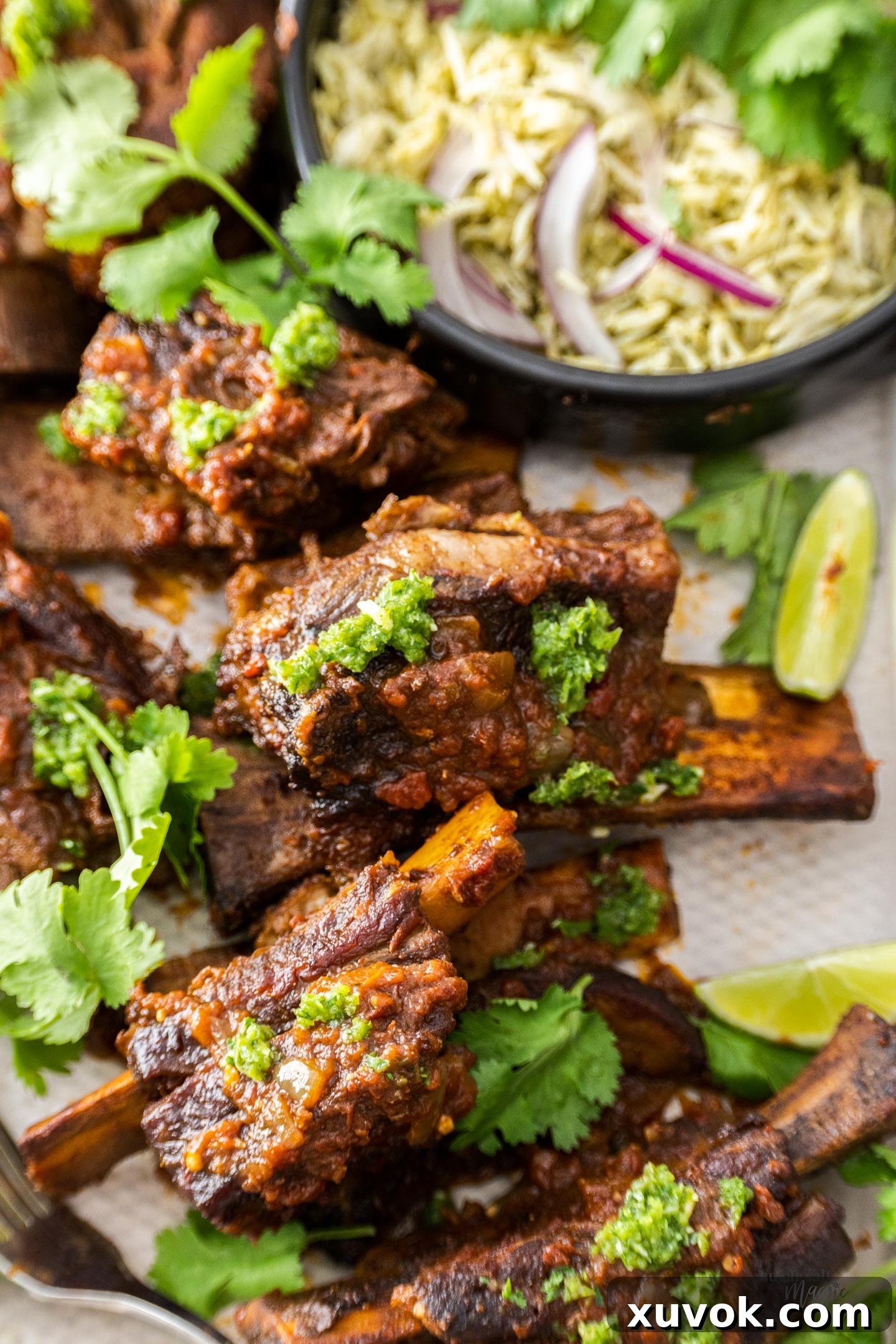 A close-up of Mexican short ribs garnished with fresh jalapeño slices and coriander, highlighting their tenderness.